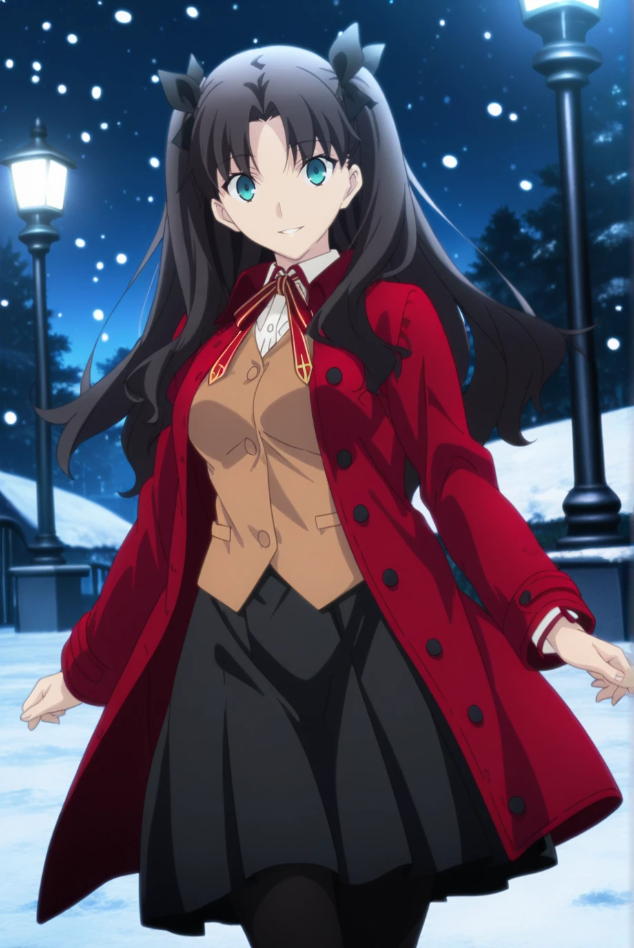 absurdres, masterpiece, best quality, very aesthetic, 1girl, solo,
<lora:TohsakaRin-IL-v1-08:0.9>, ChopioTohsakaRin, black hair, long hair, two side up, parted bangs, hair ribbon, aqua eyes, looking at viewer,
anime coloring, medium breasts,
outfit_1, red coat, buttons, collared shirt, neck ribbon, brown vest, black skirt, long skirt, pleated skirt, black pantyhose,
outdoors, snowing, lamppost, snow, smile, parted lips,