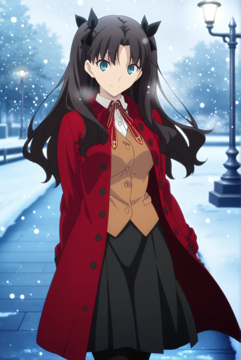 absurdres, masterpiece, best quality, very aesthetic, 1girl, solo,
<lora:TohsakaRin-IL-v1-08:0.9>, ChopioTohsakaRin, black hair, long hair, two side up, parted bangs, hair ribbon, aqua eyes, looking at viewer,
anime coloring, medium breasts,
outfit_1, red coat, buttons, collared shirt, neck ribbon, brown vest, black skirt, long skirt, pleated skirt, black pantyhose,
outdoors, snowing, lamppost, snow, smile,