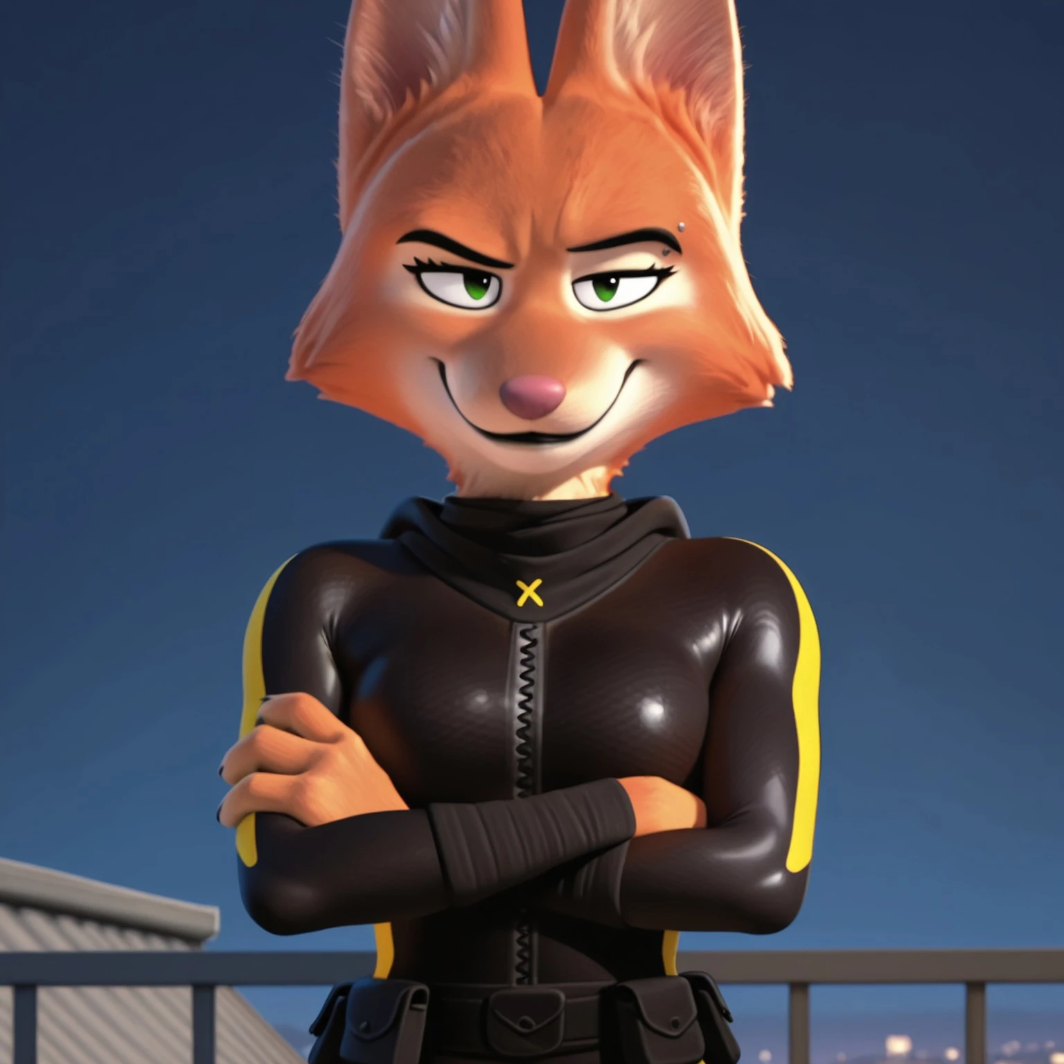uncensored, masterpiece, best quality, highly detailed, realistic, 1boy, solo, DianeTBG, female furry, anthro, canine, fox, cheek tuft, black eyebrows, silver eyebrow piercing, green eyes, pink nose, orange body, orange fur, tan body, tan fur, two tone body, two tone fur, black bodysuit, jumpsuit, black utility belt, yellow stripes, upper body, standing, smile, closed mouth, looking at viewer, outdoors, night sky, top of roof, detailed background, front view, arms crossed, 4 fingers, narrowed eyes, raised eyebrow, close-up, bare hands