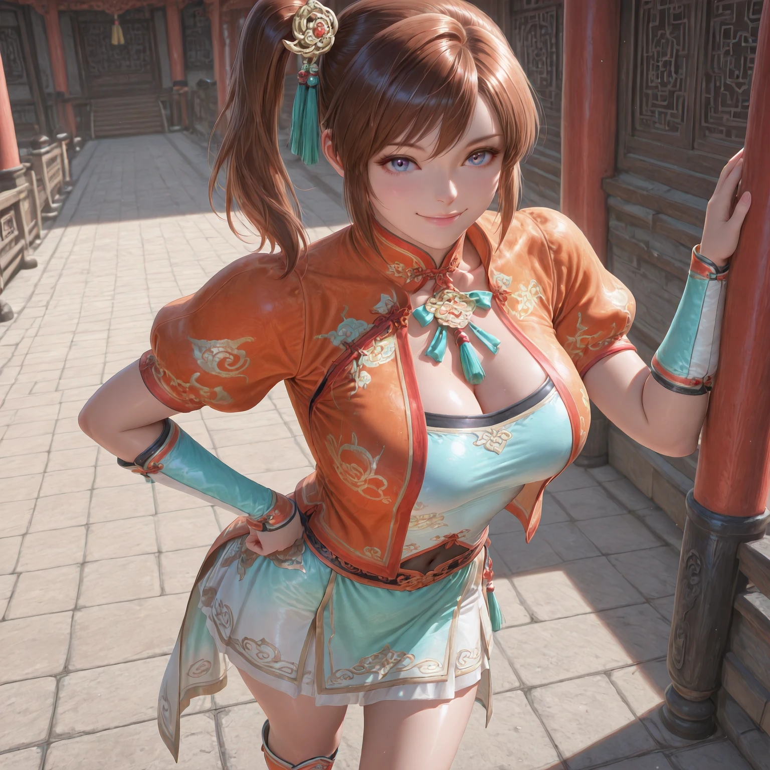 (masterpiece, best quality,realistic:1.3),absurdres,(looking at viewer, collarbone,),(shiny_eyes,sparkling_eyes,smile:1.2),
XiaoQiao,1girl,solo,brown hair,ponytail,boots,skirt,puffy sleeves,knee boots,vambraces,blue eyes,short sleeves,chinese clothes,
side ponytail,orange jacket,tassel,hair ornament,aqua ribbon,jacket,ribbon,green ribbon,dress,puffy short sleeves,puffy sleeves,hand on own hip,
cleavage,large breasts,bouncing breasts,outdoors,covered navel,<lora:aidmaImageUpgrader-v0.3-IL:0.6>,<lora:XiaoQiao(IL):0.7>,