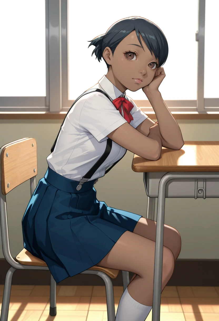 masterpiece, very aesthetic, best quality, absurdres, newest, solo,
<lora:ILP4Yuko:1>
P4Yuko, 1girl, brown eyes, black hair, short hair, dark skin, looking at viewer, sitting, blue eyes, school uniform, white socks, suspender skirt, school desk, white shirt, short sleeves, school chair, classroom, kneehighs, closed mouth, indoors, blue skirt, backlighting, suspenders, head rest, from side, red ribbon, window