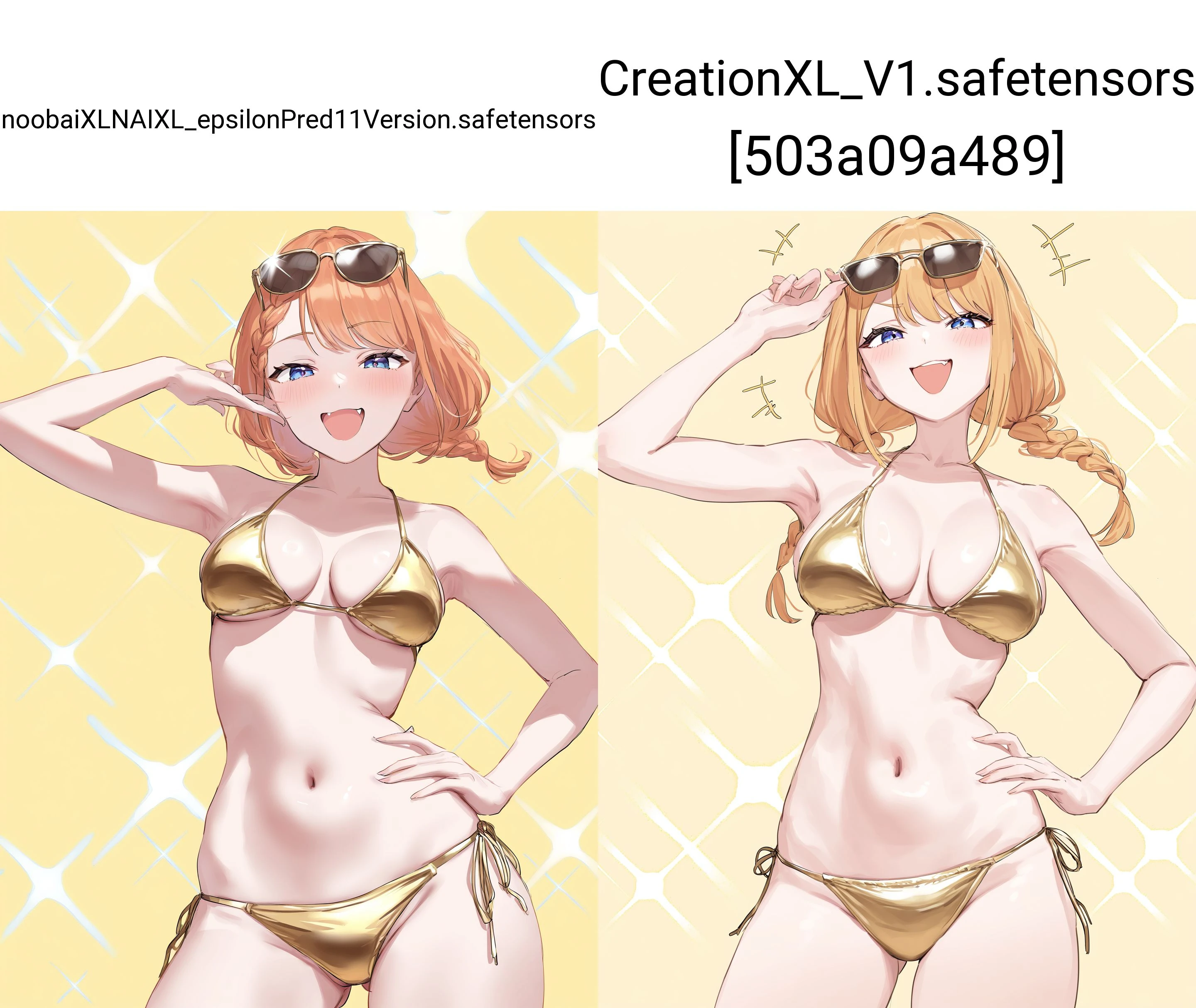 masterpiece, best quality, absurdres, highres, newest,  year 2025, solo, yellow background, underwear i want to take off, kotone fujita, butt visible from the front, side-tie bikini, smug, braid, diffraction spikes, sparkle background, breasts, +++, sparkle, 1girl, gakuen idolm@ster, n.e \(sakura-233\), gold bikini, sunglasses, medium breasts, glint, collarbone, open mouth, doyagao, navel, hand on hip, swimsuit, bikini, yellow bikini,