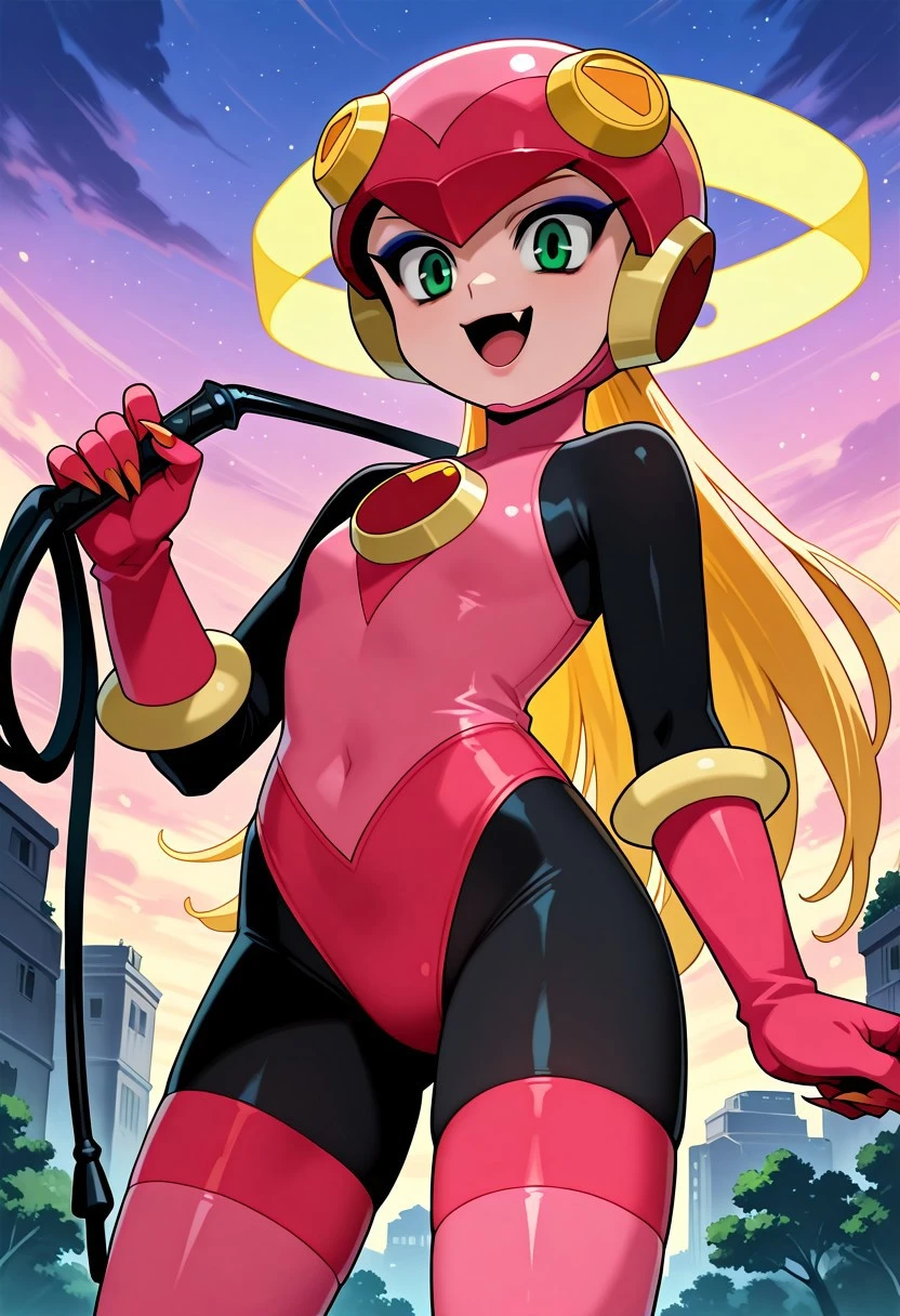 masterpiece,best quality,1girl,roll_exe_megamanbn,(helmet),blonde hair,long hair,leotard,green eyes,pink bodysuit,bodysuit,serious,action pose,glowing circuit background,