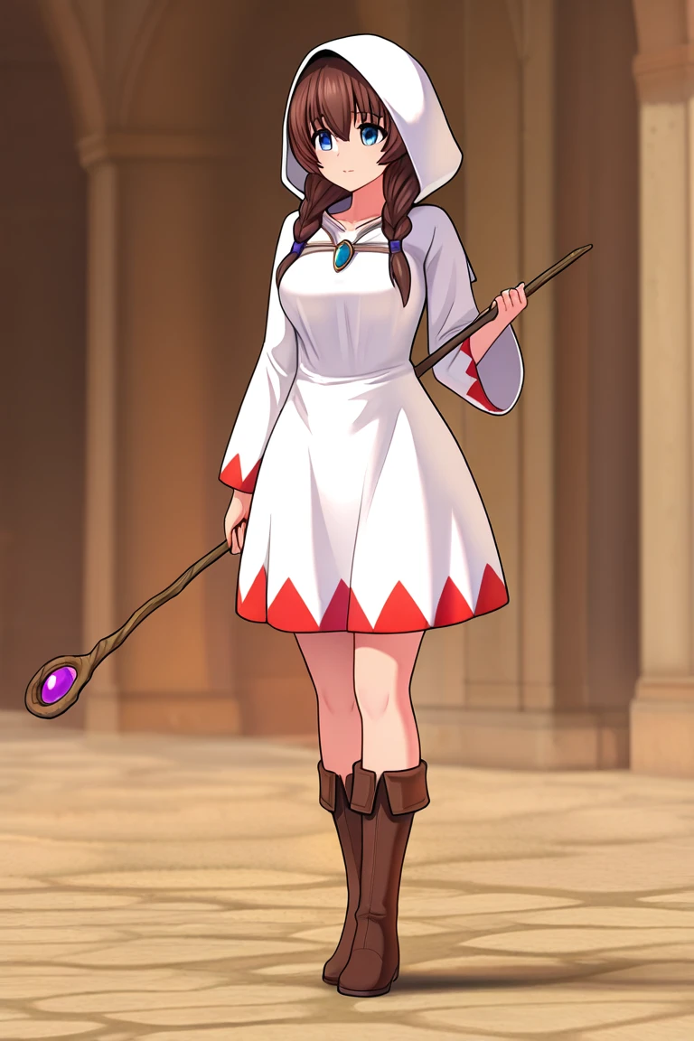 The Dragon's Lair: A deadly place where fearsome dragons dwell,1girl,, masterpiece, best quality, amazing quality, newest, <lora:White_mage_Illustrious:1>,white mage_cos,white mage,hood,robe,long sleeves,boots,staff,holding staff,, <lora:HolyKnight_RiccaV3_Illustrious:1>,holy_ricca,braid,twin braid,long hair,breasts,blue eyes, brown hair