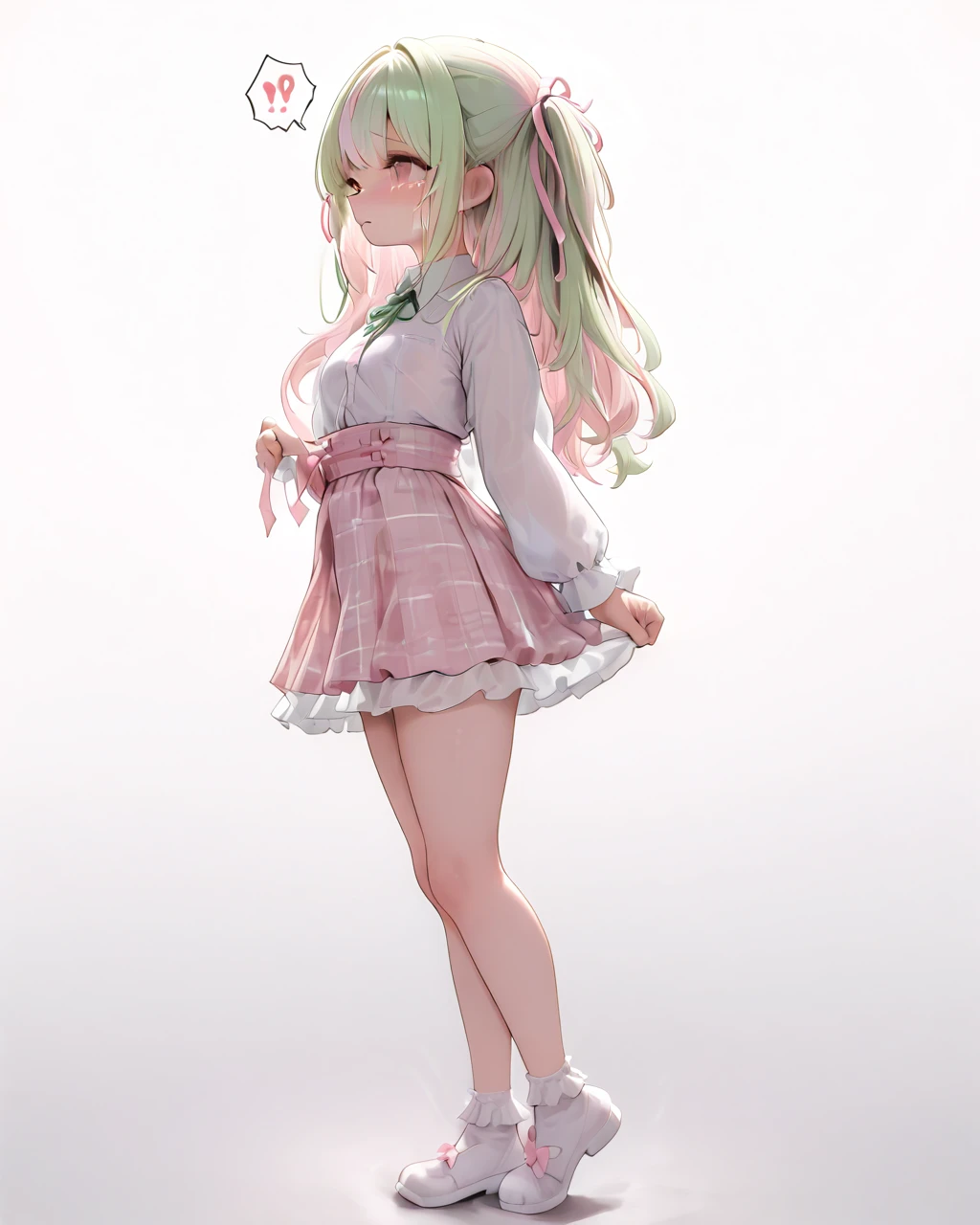 Best Quality, (cute petit girl：1.3), flat chest,Beautiful pink eyes、Lori、（Cuteness beyond limits）,（White underwear）,lovely thighs，A girl is pulling up her skirt by herself,is crying,a miniskirt,Expose panties