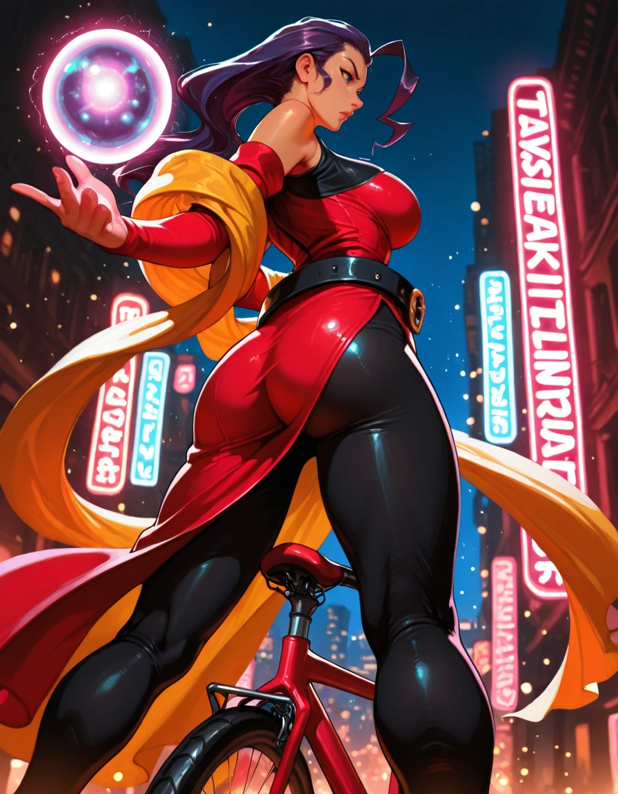 masterpiece, best quality, 1girl, solo, absurdres,
large breasts,
rosesfdg,
purple hair, hair slicked back, huge ahoge,single hair intake, blue eyes, yellow shawl, red dress, side slit, black leggings, loose belt,
attack, fighting stance,
orb,
from behind, from below , performing a bicycle kick, alternating legs, acrobatic finesse, ,
city, night, neon lights,
blurry background, glowing, light particles,
embedding:SmoothQuality,