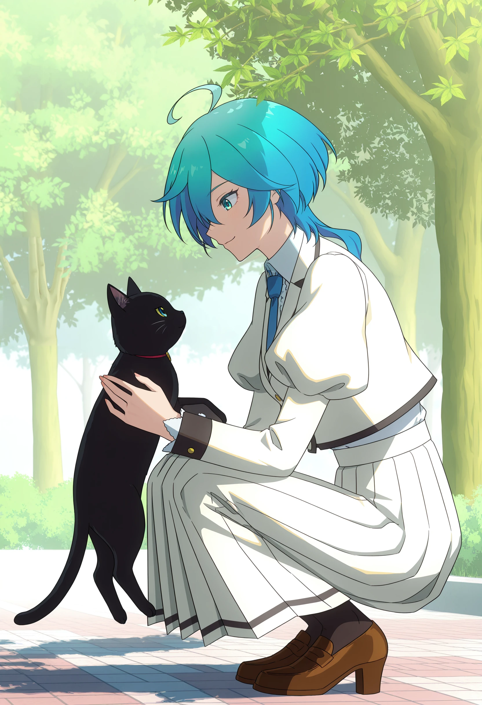 <lora:Isemi Tina_illustrious-000052:1>,
Isemi Tina,cat,skirt,long skirt,squatting,white skirt,ahoge,school uniform,outdoors,black cat,tree,long sleeves,smile,solo,jacket,necktie,puffy sleeves,pleated skirt,from side,blue necktie,white jacket,closed mouth,shirt,looking at animal,white shirt,juliet sleeves,cropped jacket,brown footwear,aqua eyes,aqua hair,loafers,high_heels,