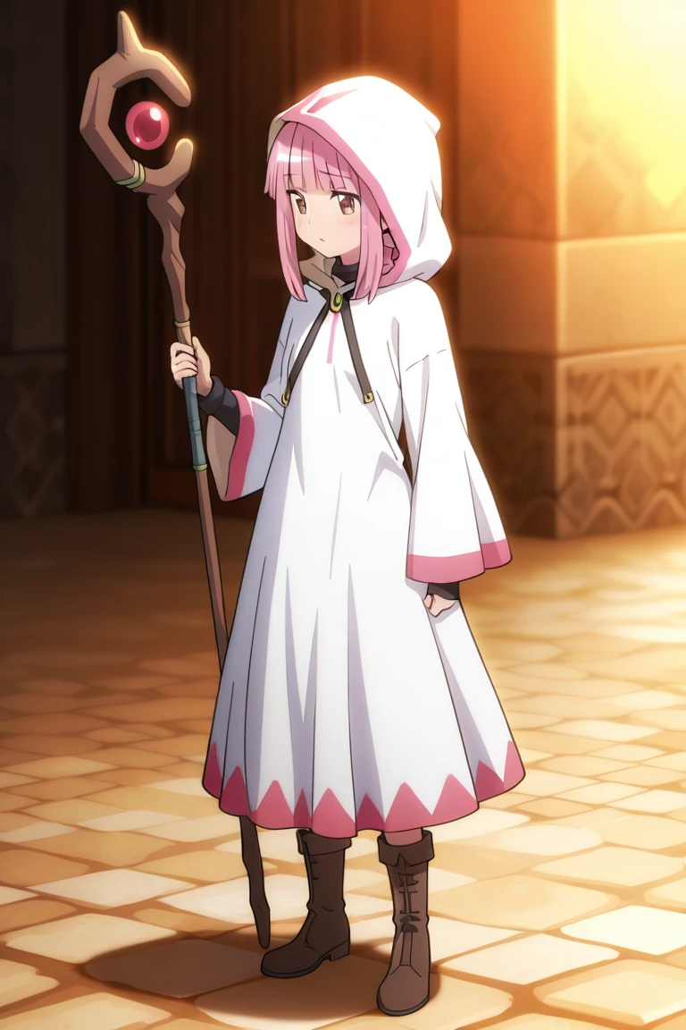 Oz: A land of enchantment, where anything is possible,1girl,, masterpiece, best quality, amazing quality, newest, <lora:White_mage_Illustrious:1>,white mage_cos,white mage,hood,robe,long sleeves,boots,staff,holding staff,, <lora:Tamaki_Iroha:0.9>,tamaki iroha,
