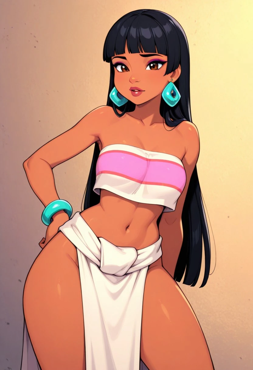 1girl, solo, woman, chellILL, dark skin, dark-skinned female, black hair, jewelry, earrings, long hair, blunt bangs, brown eyes, tube top, loincloth, pelvic curtain, makeup, bracelet,