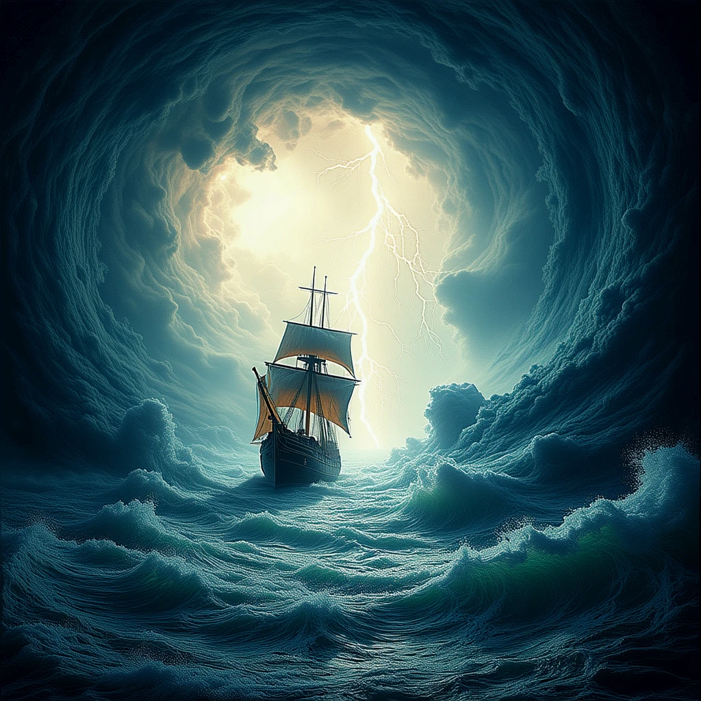 A ship sailing inexorably into a stormy ocean vortex. Lightning. Atmospheric. Moody.
vrtxCE_style