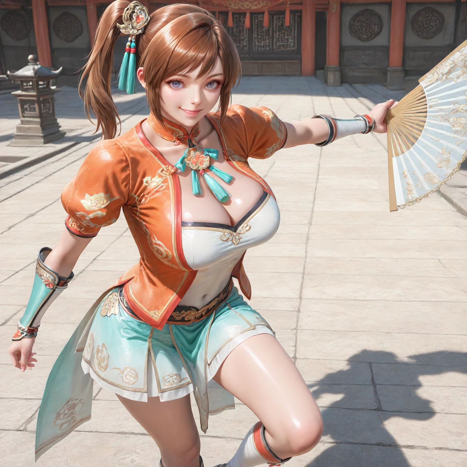 (masterpiece, best quality,realistic:1.3),absurdres,(looking at viewer, collarbone,),(shiny_eyes,sparkling_eyes,smile:1.2),
XiaoQiao,1girl,solo,hand fan,brown hair,ponytail,folding fan,boots,skirt,puffy sleeves,holding,knee boots,vambraces,blue eyes,short sleeves,chinese clothes,
side ponytail,orange jacket,tassel,hair ornament,aqua ribbon,jacket,ribbon,green ribbon,dress,puffy short sleeves,puffy sleeves,
cleavage,large breasts,bouncing breasts,outdoors,covered navel,<lora:aidmaImageUpgrader-v0.3-IL:0.6>,<lora:XiaoQiao(IL):0.7>,