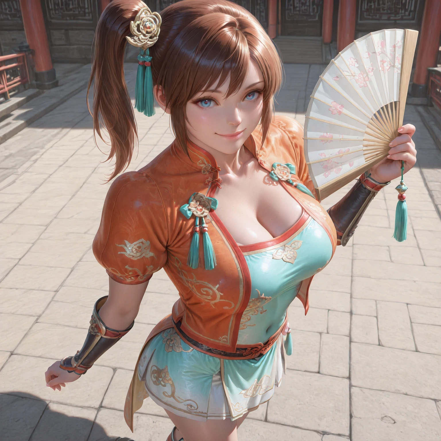 (masterpiece, best quality,realistic,from above:1.3),absurdres,(looking at viewer, collarbone,),(shiny_eyes,sparkling_eyes,smile:1.2),
XiaoQiao,1girl,solo,hand fan,brown hair,ponytail,folding fan,boots,skirt,puffy sleeves,holding,knee boots,vambraces,blue eyes,short sleeves,chinese clothes,
side ponytail,orange jacket,tassel,hair ornament,aqua ribbon,jacket,ribbon,green ribbon,dress,puffy short sleeves,puffy sleeves,
cleavage,large breasts,bouncing breasts,outdoors,covered navel,<lora:aidmaImageUpgrader-v0.3-IL:0.6>,<lora:XiaoQiao(IL):0.7>,