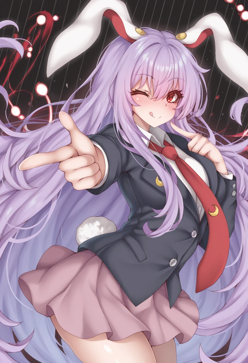 <lora:MCNsPpolar01:1> MCNsPq0l4r,1girl, reisen udongein inaba, pointing at viewer,finger gun, danmaku, animal ears, solo, rabbit ears, long hair, skirt, necktie, tongue, one eye closed, tongue out, jacket, finger gun, crescent, shirt, red necktie, blazer, crescent pin, purple hair, rabbit girl, red eyes, collared shirt, pleated skirt, looking at viewer, smile, cowboy shot, white shirt, long sleeves, tail, very long hair, rabbit tail, ;q, pointing, black jacket, blush, buttons, closed mouth, breasts, striped background,black background,