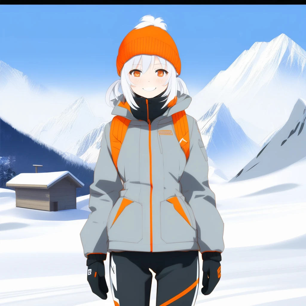 score_9, score_8_up, source_anime, 1girl, solo, white hair, short pigtails, gray eyes, from front, blue snow jacket, black snow pants, orange skiis, mountain, snowy day, sunshine, smile, looking at viewer, Freebo_alloy, abstract