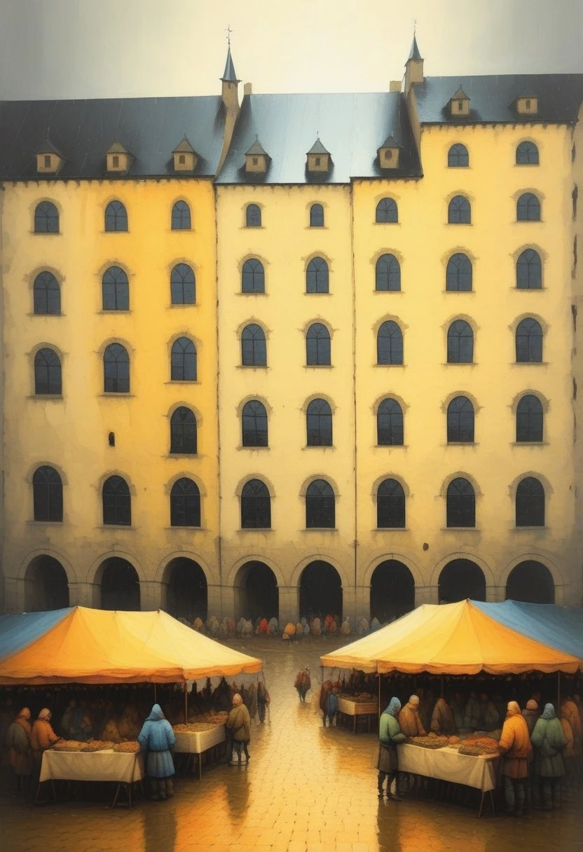 Nixpaint, medieval city square, crowd, market, tents, stone buildings with arched windows, cobblestone streets wet from recent rain, high contrast, overcast sky, lively market scene