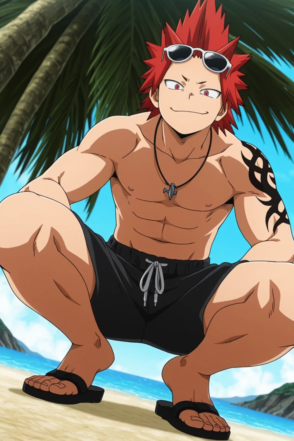 horikoshi kouhei, absurdres, adult Eijiro Kirishima, large pectorals, red hair, boku no hero academia, chama kou, highres, looking away, male focus, muscular, red eyes, short hair, spiked hair, 8k quality, beach, ( adult Eijiro Kirishima, detailed eyes, detailed face, (((from side))), (((full body))), visible foot, barefoot, (((long up penis semen dripping))), (((nude))), (((hands on hips))), (((standing on the ground))), red hair, red eyes, ((light smile)), looking at viewer, embarrassed, blush, showing off muscles, masterpiece, best quality, male focus, upper body, handsome, male, gay, smooth and sharp focus, Wet body.