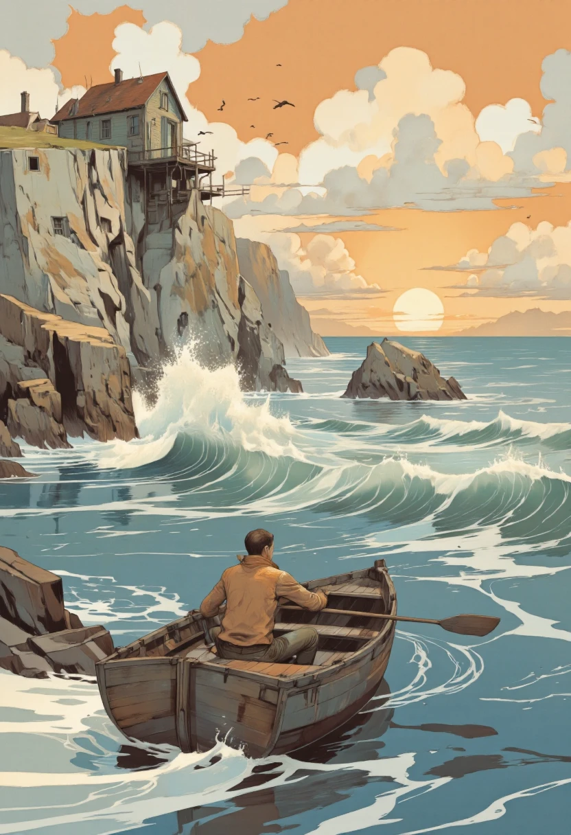 By JoFoGriGreToc. A digital illustration shoot from the side about a serene scene featuring a man rowing a small boat near a cliff house during sunset. the image also shows a surreal and dreamlike atmosphere. on the middle of the image, a man, who appears to be in his early twenties, is sitting in a small wooden boat, holding a paddle, facing away from the viewer. he is wearing a brown jacket and pants, and has a serious expression on his face. the man is positioned in the foreground, with his upper body visible, and he is facing the viewer directly. he has a slim body and is looking towards the horizon. the background shows a large, crumbling cliff with a house perched on top, surrounded by a calm ocean with waves crashing against the shore. the sky is filled with fluffy white clouds, and the sun is setting in the distance, casting a warm orange glow over the scene. birds are flying in the sky, adding to the sense of movement and life. the overall color palette is warm and inviting, with shades of blue, orange, and yellow dominating the image.