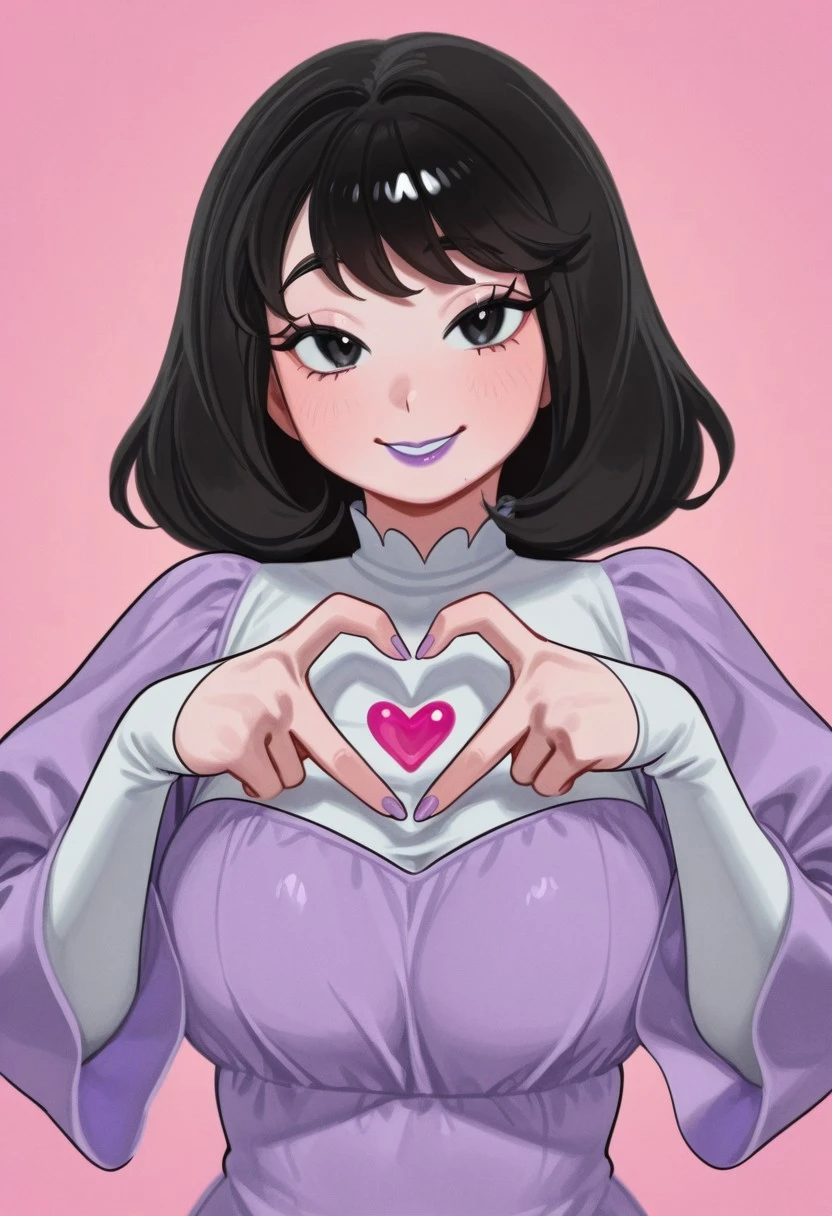 1girl, solo, medium build, medium hair, sfw, safe for work, covered skin, flowy dress,  black eyes, purple lipgloss, smiling, portrait, upper body, heart hands, foreshortening, detailed, newest, nia4294