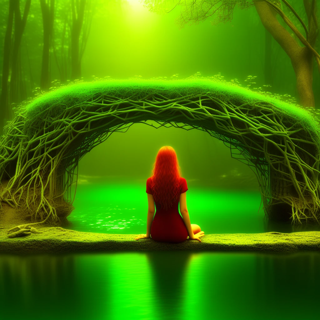 An ancient bridge made of living roots and vines spanning across a crystal-clear river, bioluminescent plants illuminating the path, dense forest in the background, mist rising from the water, serene and magical atmosphere, cinematic lighting, hyper detailed, abstract, fantasy landscape, PG-TR, 1 girl sitting on bridge, , red hair, amber eyes, green high necked dress,