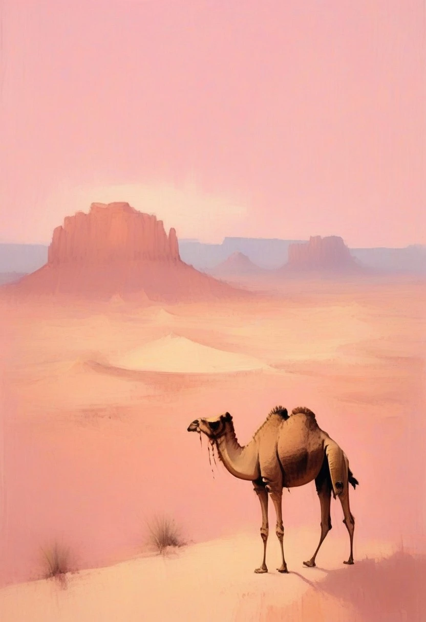 Nixpaint, impressionism, desert scenery, camel, walking alone, sand dunes under pale pink sky, distant rock formations, warm earth tones, visible brushstrokes, early dusk, serene