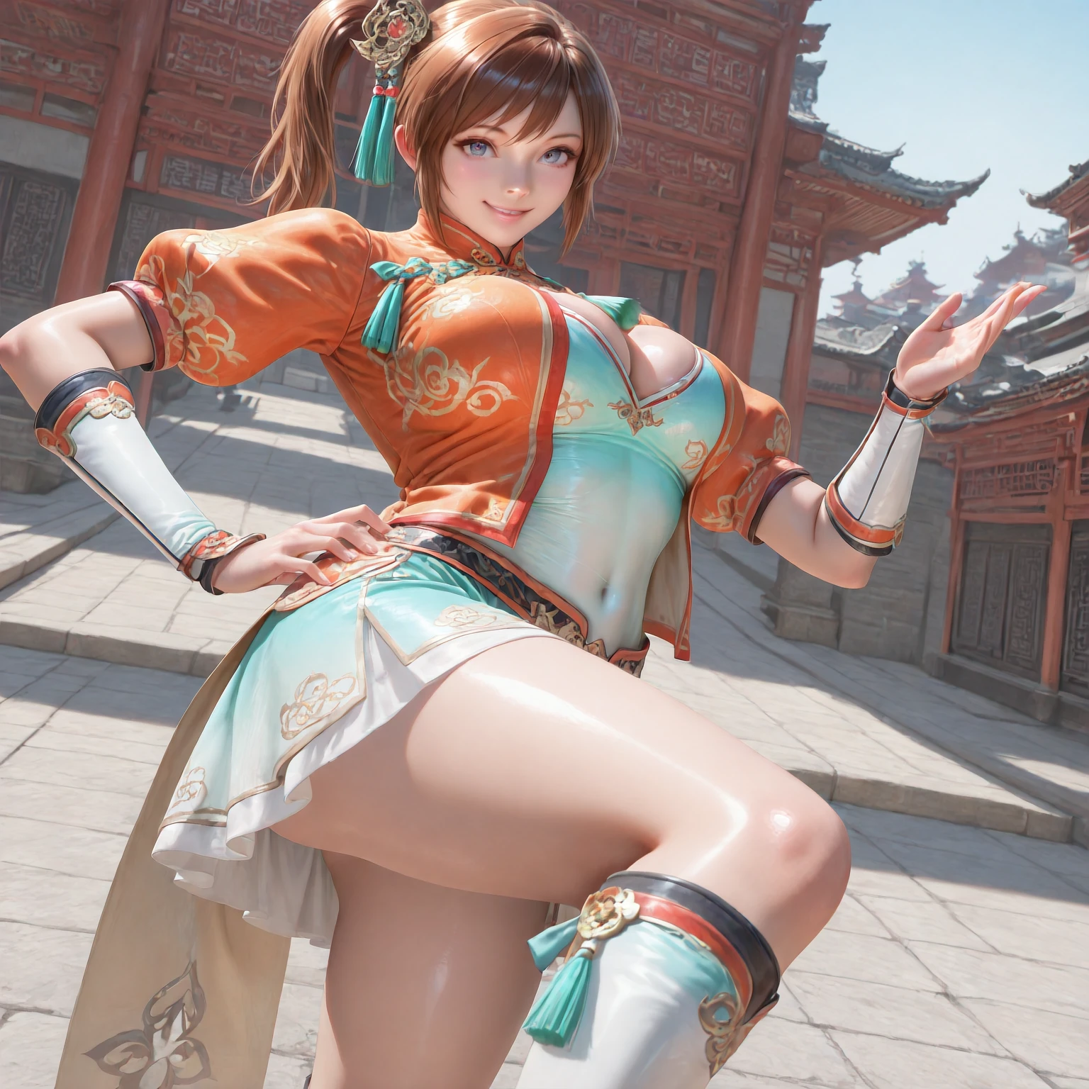 (masterpiece, best quality,realistic,from below:1.3),absurdres,(looking at viewer, collarbone,),(shiny_eyes,sparkling_eyes,smile:1.2),
XiaoQiao,1girl,solo,brown hair,ponytail,boots,skirt,puffy sleeves,knee boots,vambraces,blue eyes,short sleeves,chinese clothes,
side ponytail,orange jacket,tassel,hair ornament,aqua ribbon,jacket,ribbon,green ribbon,dress,puffy short sleeves,puffy sleeves,hand on own hip,
cleavage,large breasts,bouncing breasts,outdoors,covered navel,<lora:aidmaImageUpgrader-v0.3-IL:0.6>,<lora:XiaoQiao(IL):0.7>,