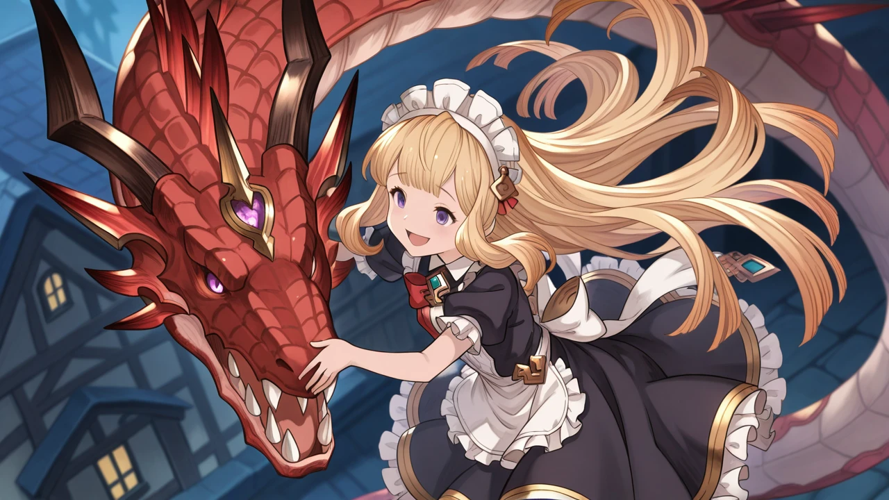 solo, open mouth, cute, smile, (dragon, ouroboros (granblue fantasy), spikes, blood), open mouth,, masterpiece, best quality, amazing quality, very aesthetic, absurdres, newest, anime screencap, <lora:cagliostroILM:1>, cagliostro (granblue fantasy), long hair, blonde hair, spiked hairband, crown, hair ornament, floating hair, purple eyes,, maid, maid apron, frills, frilled dress, black dress, maid headdress, modern house,