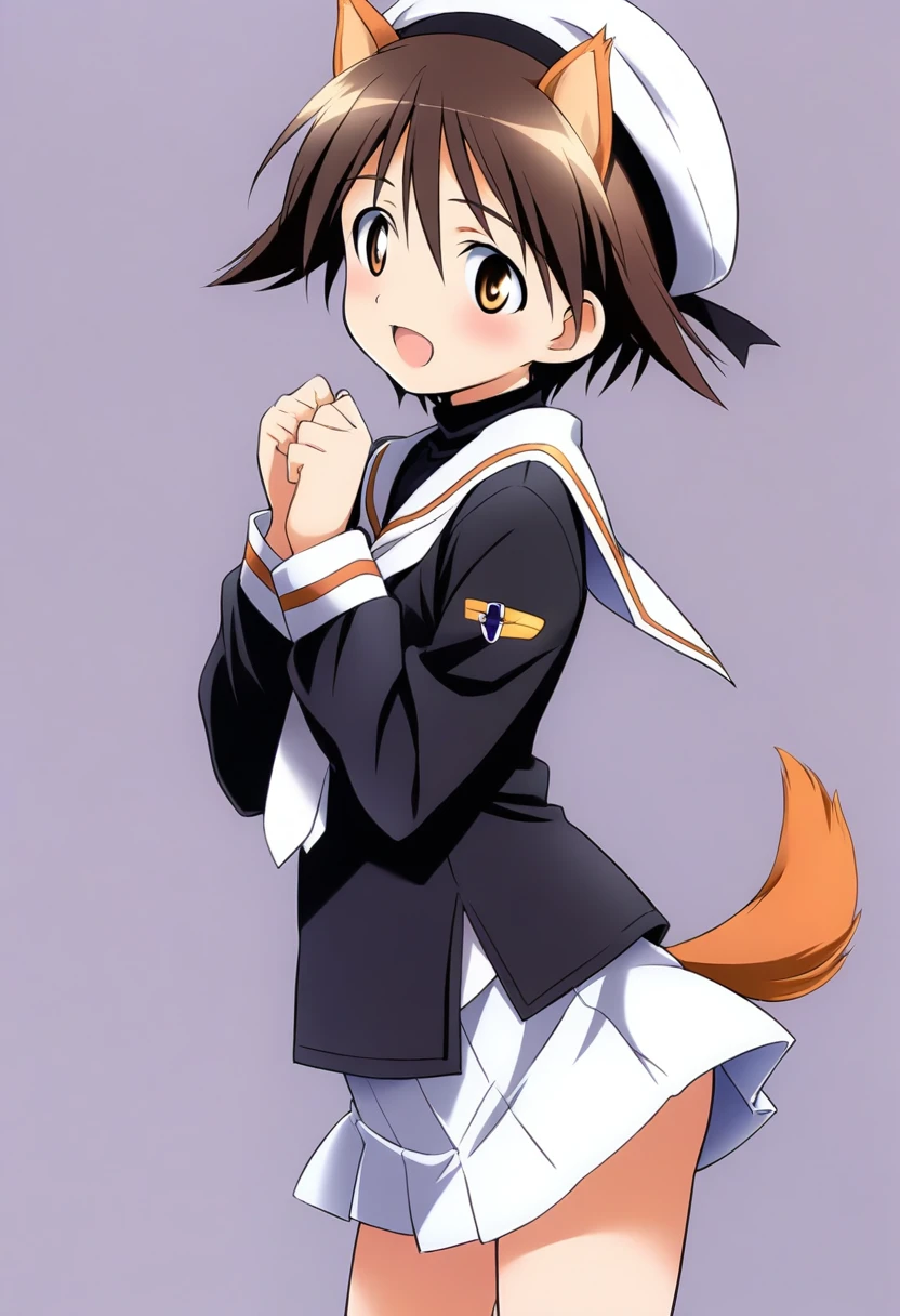 masterpiece, 1girl, solo, miyafuji yoshika, world witches series, 1girl, dog girl, dog ears, dog tail, brown eyes, brown hair, short hair,, (tomoeda elementary school uniform, black serafuku, puffy long sleeves, white sailor collar, white necktie, white skirt, untucked shirt, white beret), cowboy shot, simple background, long hair, (cosplay), from side,
