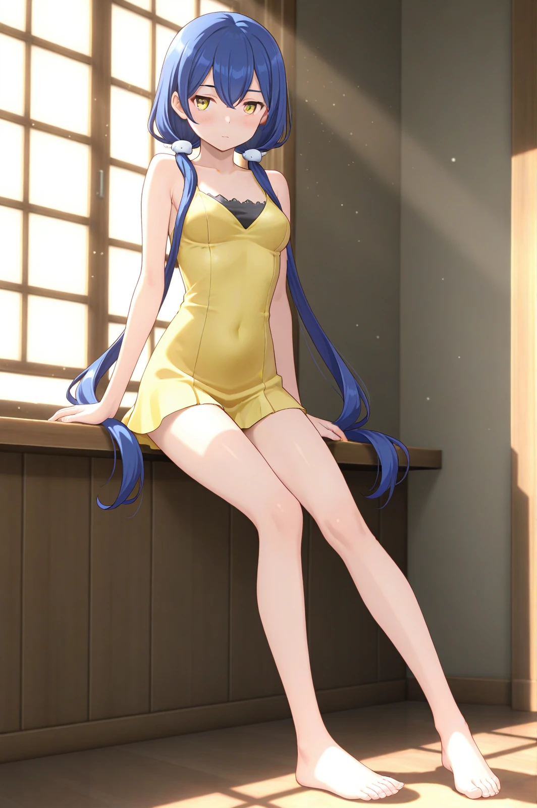 (yellow dress short dress:1.50), 
dsc-erika, yellow eyes, blue hair, low twintails, hair between eyes,
medium breasts, 1girl, solo, skinny,
(masterpiece, best quality, amazing quality, absurdres, high quality, highres), 
blush,
full body
,
(feet:1.20), 
BREAK,
summer,
light particles light rays
,
(anime coloring),
<lora:dsc-erika-V01-illXL:0.80>