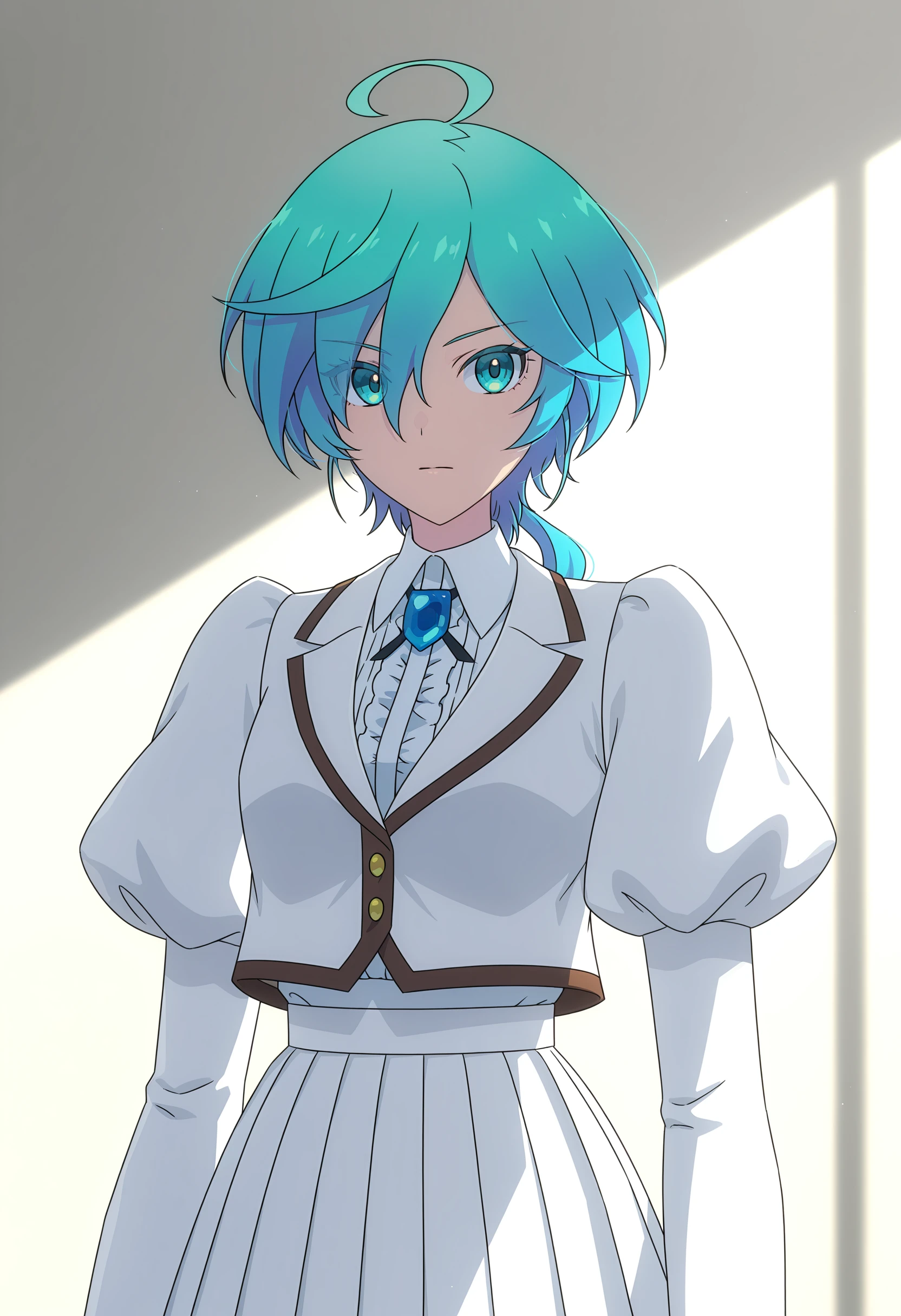 <lora:Isemi Tina_illustrious-000052:1>,
Isemi Tina,solo,ahoge,looking at viewer,white skirt,skirt,long sleeves,puffy sleeves,shirt,closed mouth,jacket,white shirt,juliet sleeves,jewelry,brooch,pleated skirt,low ponytail,aqua hair,