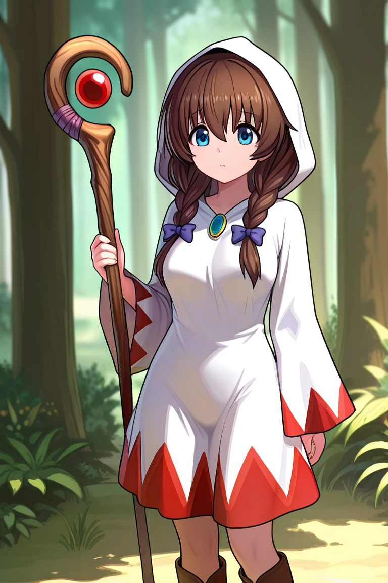 An enchanted forest where magical creatures and plants abound,1girl,, masterpiece, best quality, amazing quality, newest, <lora:White_mage_Illustrious:1>,white mage_cos,white mage,hood,robe,long sleeves,boots,staff,holding staff,, <lora:HolyKnight_RiccaV3_Illustrious:1>,holy_ricca,braid,twin braid,long hair,breasts,blue eyes, brown hair