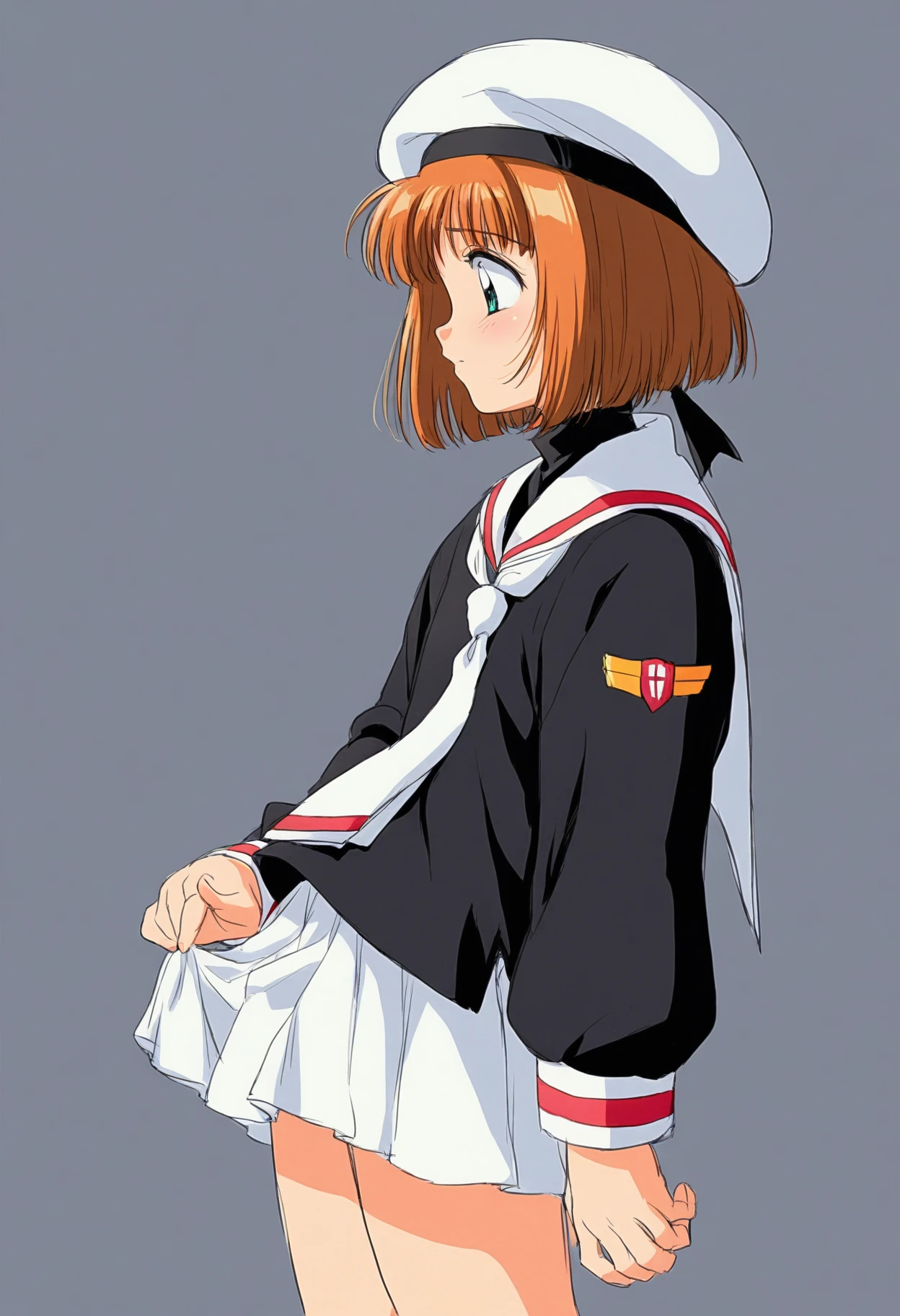 masterpiece, 1girl, solo, tomoeda elementary school uniform, black serafuku, puffy long sleeves, white sailor collar, white necktie, white skirt, untucked shirt, white beret, cosplay), cowboy shot, simple background, from side, 