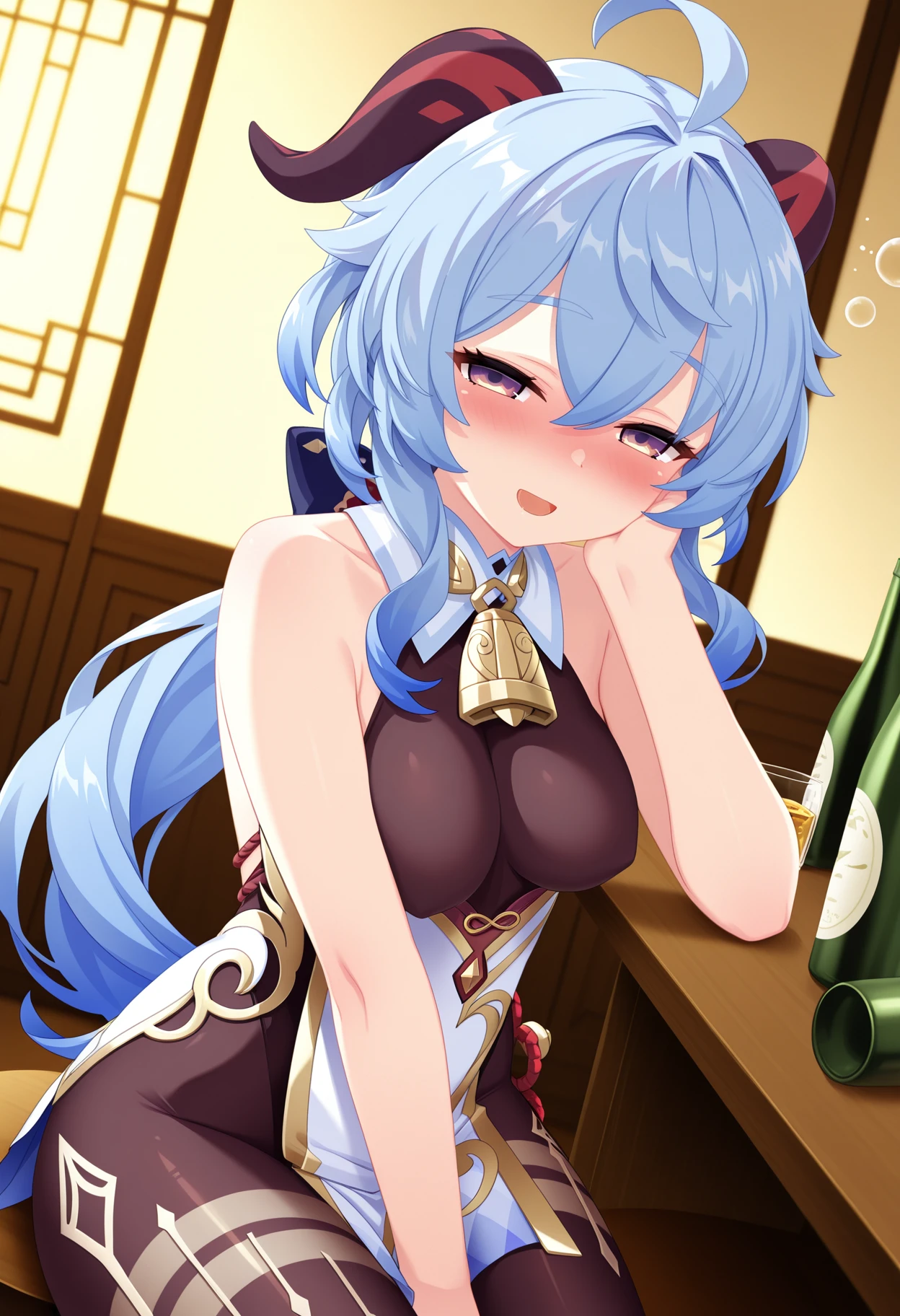 (Masterpiece, High Quality, Top quality, High-Detailed, Detailed CG, Cinematic Shadow, Cinematic Scene, Beautiful Detailed Eyes, Ultra Resolution, Depth of Field), (Full Body View), (Full Body Shot), (Erotic Suggestiveness:1.5), (NSFW:1.2), Looking At The Audience, (Blush Expression:1.2), (Smiling Expression:1.2), (Erotic Expression:1.0), Red Eye, Blue Hair, Five Fingers, Good Composition, (Chinese Dress:1.5), (Short Skirt Chinese Dress:1.2), (Erotic Chinese Dress:1.0), (Blue Chinese Dress:1.0), (Transparent Chinese Dress:1.3), (Chubby:1.0), Thicc Thighs, Thick, Huge Breasts, Body Drench With Sweat, Night time, Restaurant Background, Cafe Background, (Blur Background:1.8)