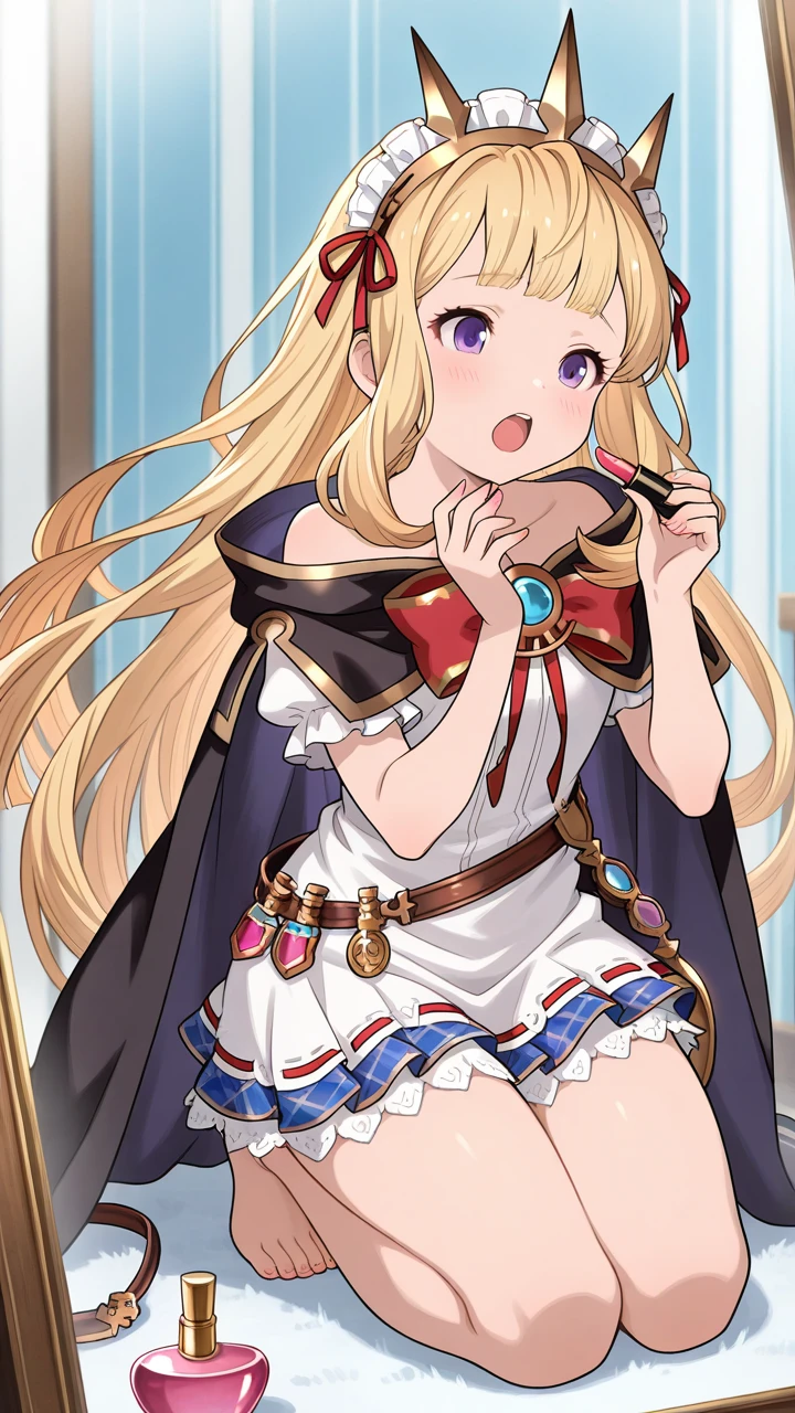 solo, open mouth, cute, full body,, masterpiece, best quality, amazing quality, very aesthetic, absurdres, newest, anime screencap, <lora:cagliostroILM:1>, cagliostro (granblue fantasy), long hair, blonde hair, spiked hairband, crown, hair ornament, floating hair, purple eyes, cagliostro (dreamy dreamy alchemist) (granblue fantasy), spiked hairband, crown, bare arms, bare shoulders, bare legs, capelet, frilled dress, frills, maid headdress, red ribbon, red bow, ribbon-trimmed dress, white dress, black cape, microdress, off shoulder, plaid, skirt, very long hair, off-shoulder dress, short sleeves, thighs, sleeveless dress, belt, makeup, mirror, perfume bottle, eyelashes, lipstick tube, cosmetics,