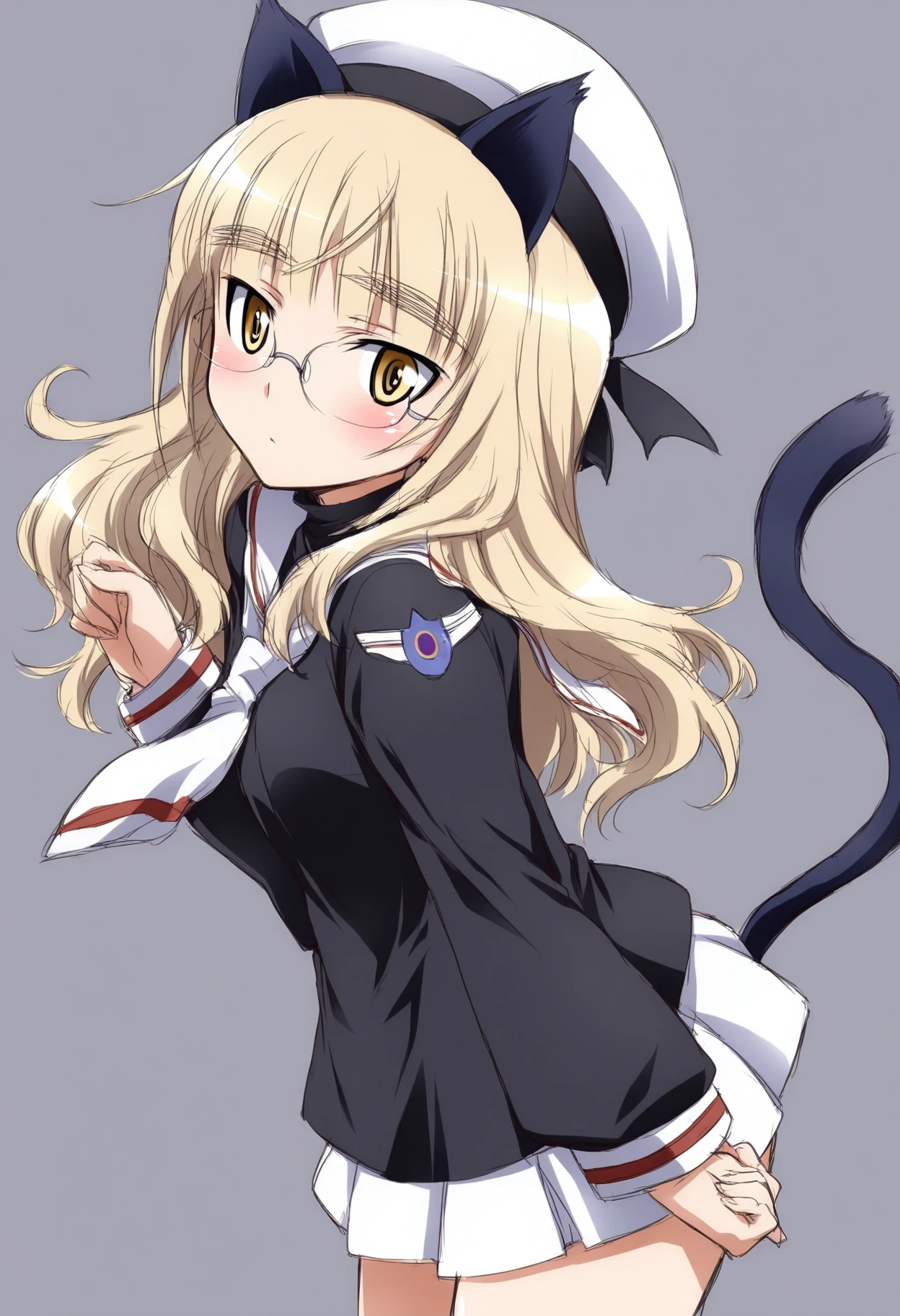 masterpiece, 1girl, solo, perrine h. clostermann, world witches series, 1girl, cat girl, cat ears, cat tail, yellow eyes, glasses, long hair, blonde hair, (tomoeda elementary school uniform, black serafuku, puffy long sleeves, white sailor collar, white necktie, white skirt, untucked shirt, white beret, cosplay), cowboy shot, simple background, long hair, from side, 