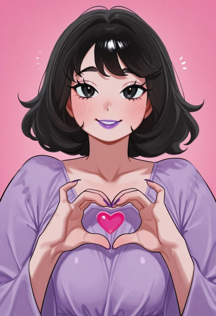 1girl, solo, medium build, medium hair, sfw, safe for work, covered skin, flowy dress,  black eyes, purple lipgloss, smiling, portrait, upper body, heart hands, foreshortening, detailed, newest, nia4294