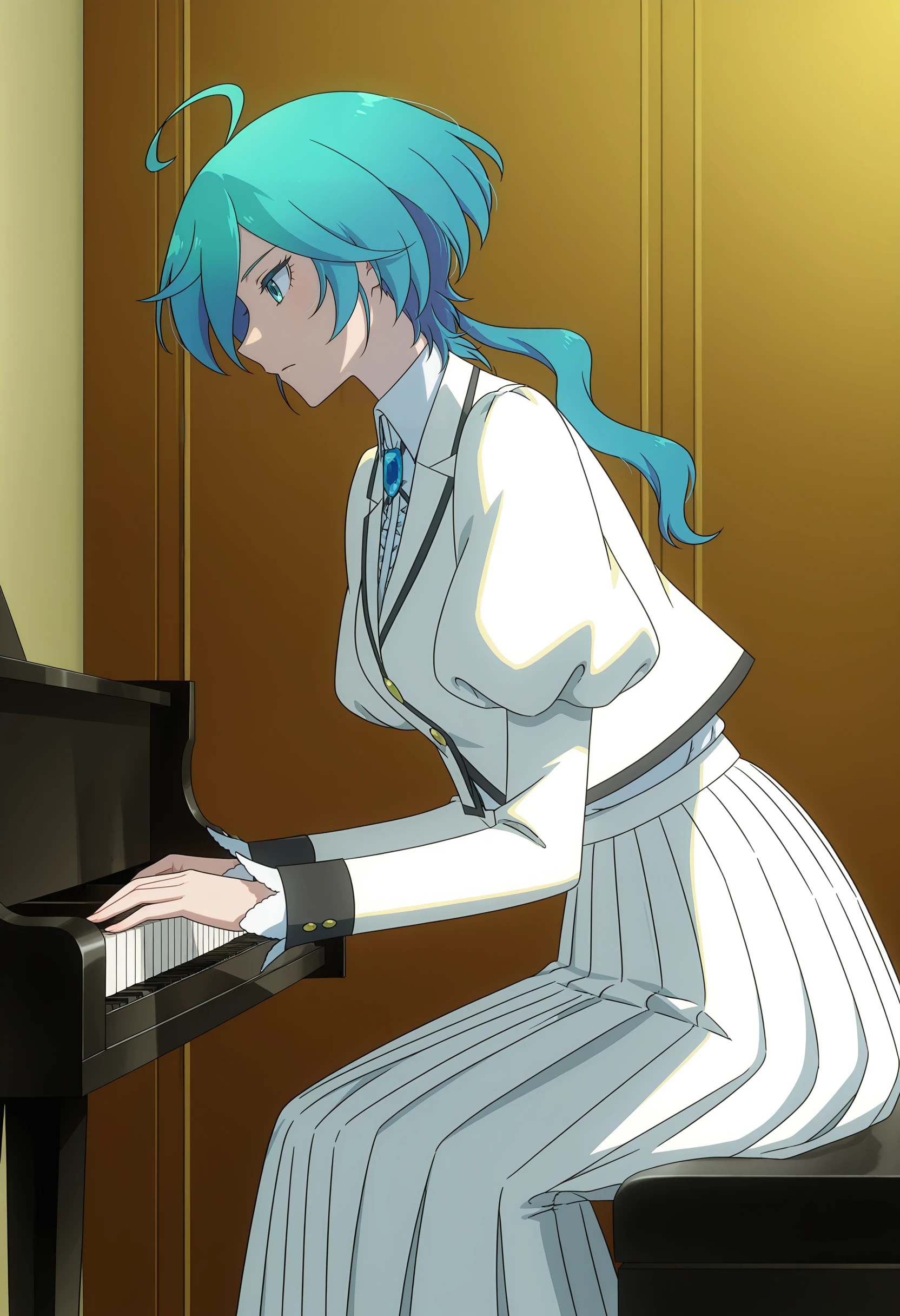 <lora:Isemi Tina_illustrious-000052:1>,
Isemi Tina,solo,ahoge,white skirt,skirt,long sleeves,puffy sleeves,shirt,closed mouth,jacket,white shirt,juliet sleeves,jewelry,brooch,pleated skirt,low ponytail,aqua hair,playing piano,piano,profile,long skirt,