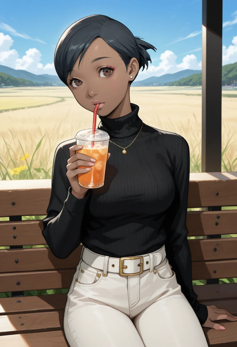 masterpiece, very aesthetic, best quality, absurdres, newest, solo,
<lora:ILP4Yuko:1>
P4Yuko, 1girl, brown eyes, black hair, short hair, dark skin, looking at viewer, jewelry, white pants, earrings, sitting, belt, necklace, black sweater, outdoors, holding cup, drinking straw, jeans, denim, day, long sleeves, turtleneck sweater, sky