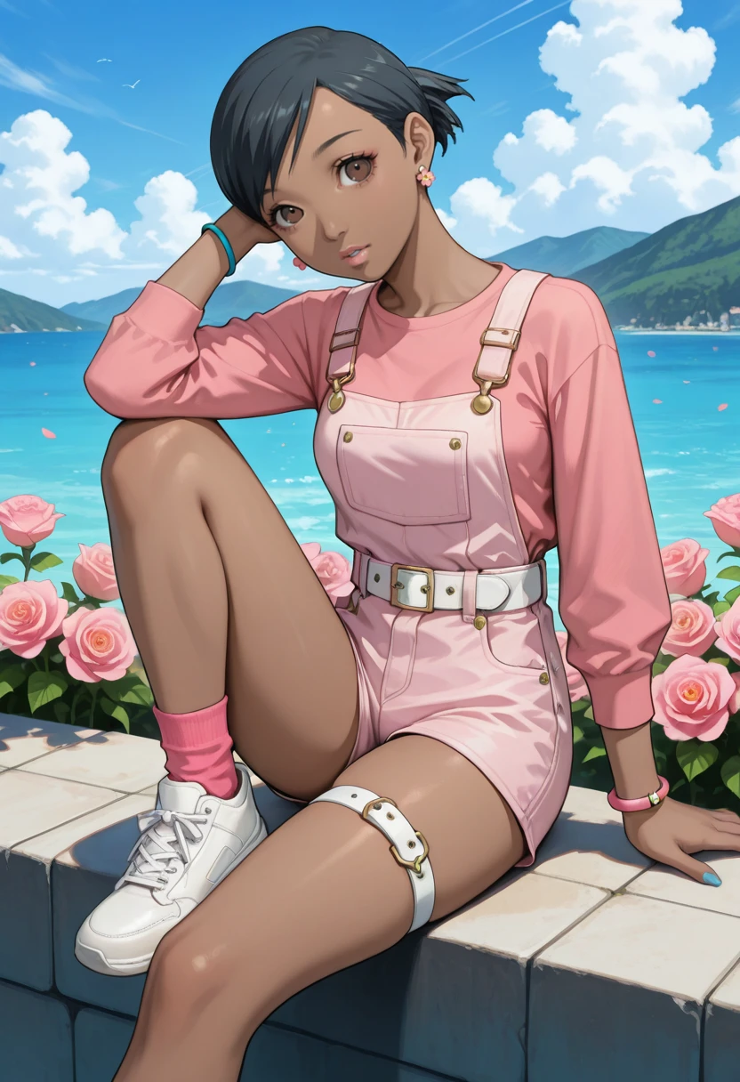 masterpiece, very aesthetic, best quality, absurdres, newest, solo,
<lora:ILP4Yuko:1>
P4Yuko, 1girl, brown eyes, black hair, short hair, dark skin, looking at viewer, high-waist shorts, jewelry, pink flower, pink socks, pink shirt, earrings, sitting, shoes, outdoors, sneakers, bracelet, long sleeves, day, pink rose, thigh strap, sky, knee up, water, belt, cloud, overalls, white footwear, blue nails