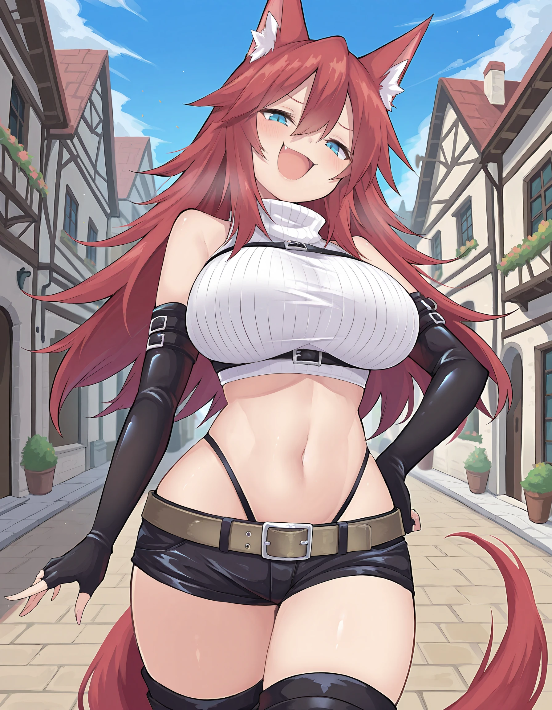 ((ultra-detailed)), ((best quality)), ((beautiful eyes)), ((extremely detailed)), 4K, (8K), best quality, (beautiful), Master piece, highres, best quality, official art, highres, masterpiece, newest,philo, solo, thighhighs, shorts, navel, gloves, fingerless gloves, boots, ribbed shirt, midriff, crop top, black thighhighs, belt, highleg, brown footwear, panties, sleeveless, short shorts, highleg panties, underwear, black shorts, backpack, elbow gloves, dungeon, smug, blush,,