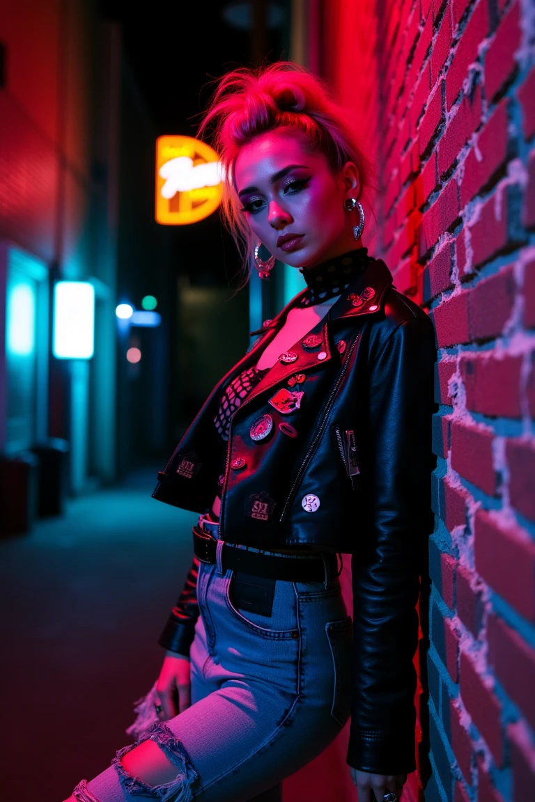8ots, ultra quality, ultra detailed, ultra lighting,half-body portrait of a rebellious woman leaning against graffiti-smeared bricks in a neon-lit back alley, styled in a distressed black leather jacket covered in enamel pins, fishnet top underneath, ripped acid-wash jeans, thick eyeliner with bold electric pink eye shadow, messy voluminous mohawk dyed magenta, silver lip gloss catching the street light, captured with a Canon AE-1 using 400 ISO expired film, strong shadows, cinematic neon from a flickering beer sign, a gritty, defiant 1980s street aesthetic