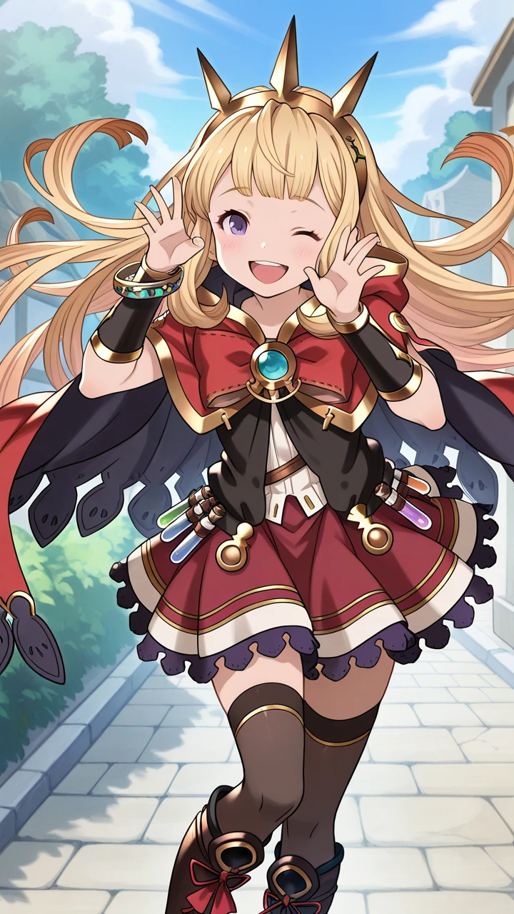 solo, smile, wink, cute pose, open mouth, outdoors, daylight,, masterpiece, best quality, amazing quality, very aesthetic, absurdres, newest, anime screencap, <lora:cagliostroILM:1>, cagliostro (granblue fantasy), long hair, blonde hair, spiked hairband, crown, hair ornament, floating hair, purple eyes, short dress, short sleeves, thighhighs, zettai ryouiki, knee boots, bracer, cape, frills, black thighhighs, jewelry, red dress, red bow, bracelet, red skirt, vial,