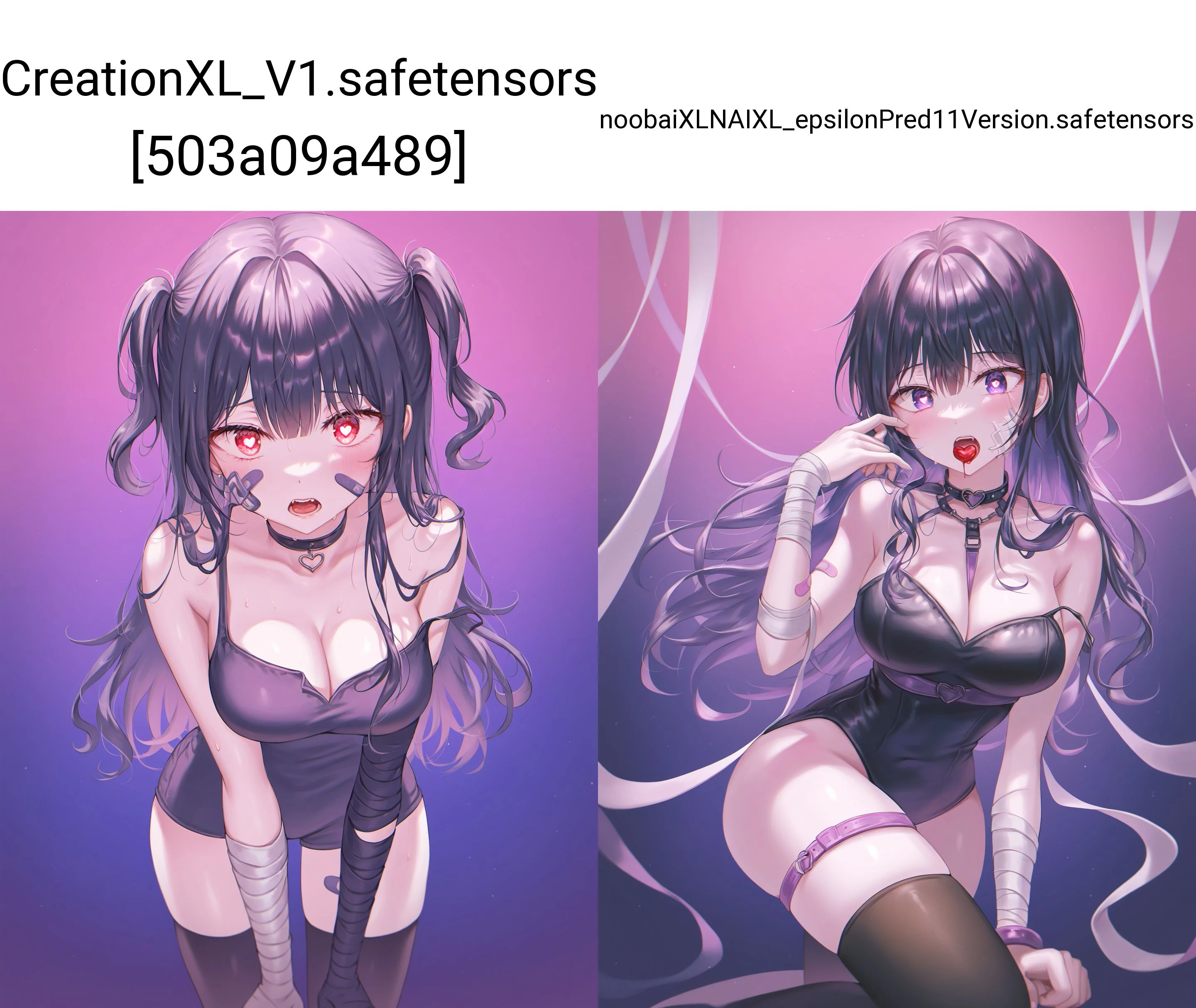 masterpiece, best quality, absurdres, highres, newest, solo,  gradient, solo, cleavage, multicolored background, 1girl, psycho, tokkyu, bandaged arm, open mouth, bandages, thighhighs, original, purple sky, purple background, long hair, breasts, gradient background, heart eyes, bobbed hair, bandaid, looking at viewer, pink background, girl,