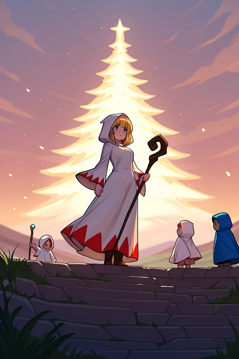 Middle Earth: A vast and ancient world, home to Elves, Dwarves, Hobbits, and Wizards,1girl,<lora:White_mage_Illustrious:1>,white mage_cos,white mage,hood,robe,long sleeves,boots,staff,holding staff,, masterpiece, best quality, amazing quality, newest