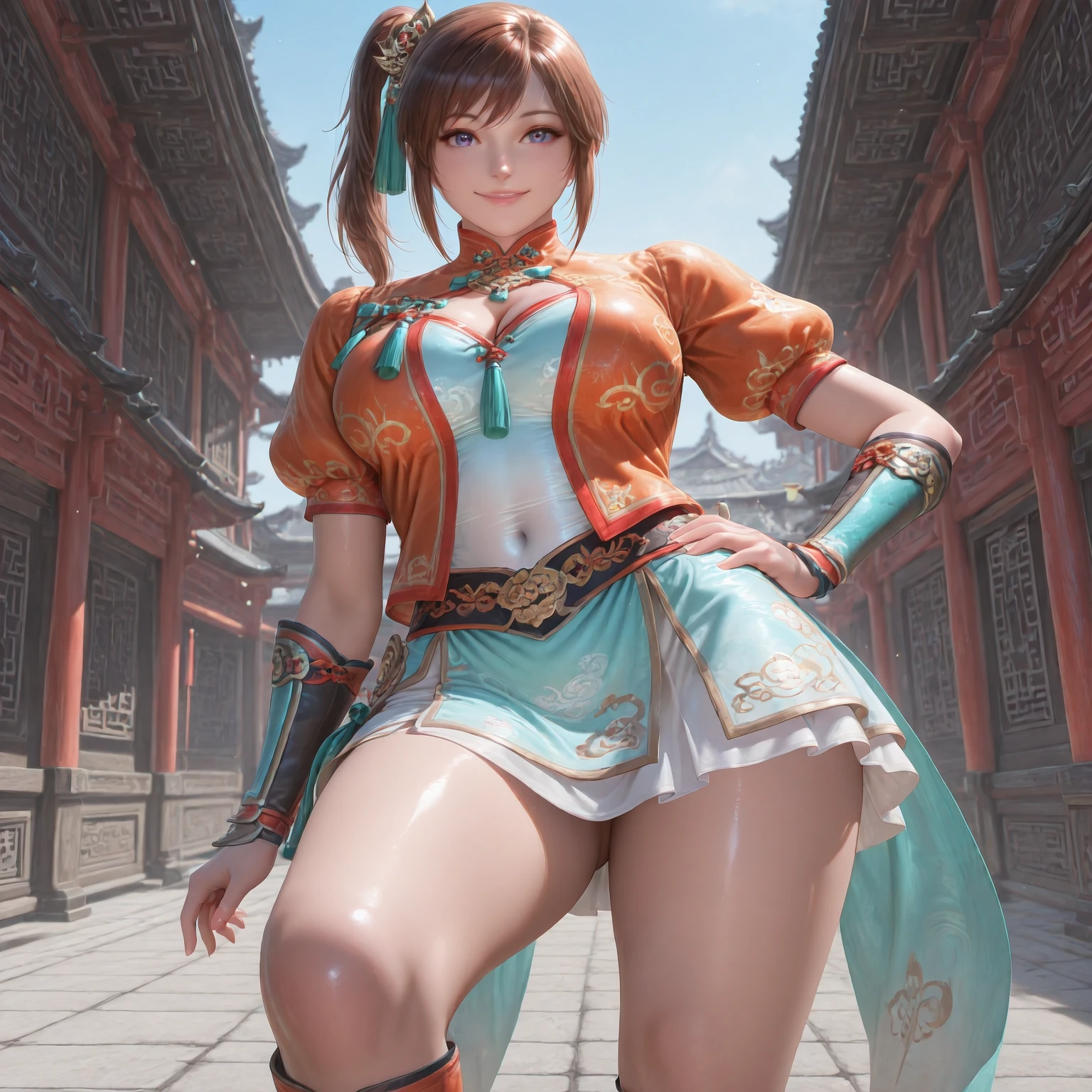 (masterpiece, best quality,realistic,from below:1.3),absurdres,(looking at viewer, collarbone,),(shiny_eyes,sparkling_eyes,smile:1.2),
XiaoQiao,1girl,solo,brown hair,ponytail,boots,skirt,puffy sleeves,knee boots,vambraces,blue eyes,short sleeves,chinese clothes,
side ponytail,orange jacket,tassel,hair ornament,aqua ribbon,jacket,ribbon,green ribbon,dress,puffy short sleeves,puffy sleeves,hand on own hip,
cleavage,large breasts,bouncing breasts,outdoors,covered navel,<lora:aidmaImageUpgrader-v0.3-IL:0.6>,<lora:XiaoQiao(IL):0.7>,