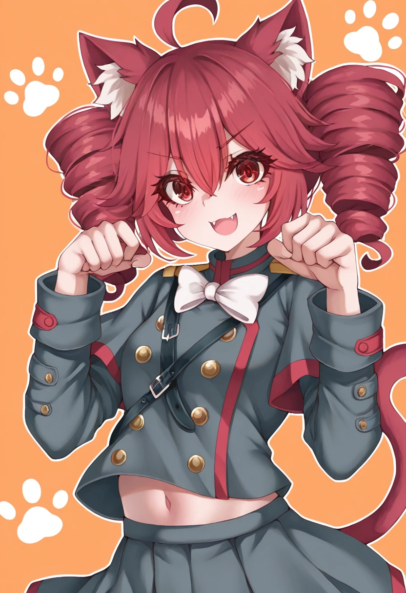 <lora:MCNsPpolar01:1> MCNsPq0l4r,kasane teto, animal ears, cat ears, 1girl, solo, red eyes, red hair, twin drills, drill hair, shoulder belt, looking at viewer, open mouth, ahoge, cat tail, double-breasted, grey skirt, buttons, grey jacket, tail, smile, fangs, midriff peek, long sleeves, orange background, skirt, jacket, animal ear fluff, v-shaped eyebrows, :3, paw print, upper body, shoulder boards, sleeve cuffs, paw pose, shirt, hands up, halftone, short hair, bow, white bow