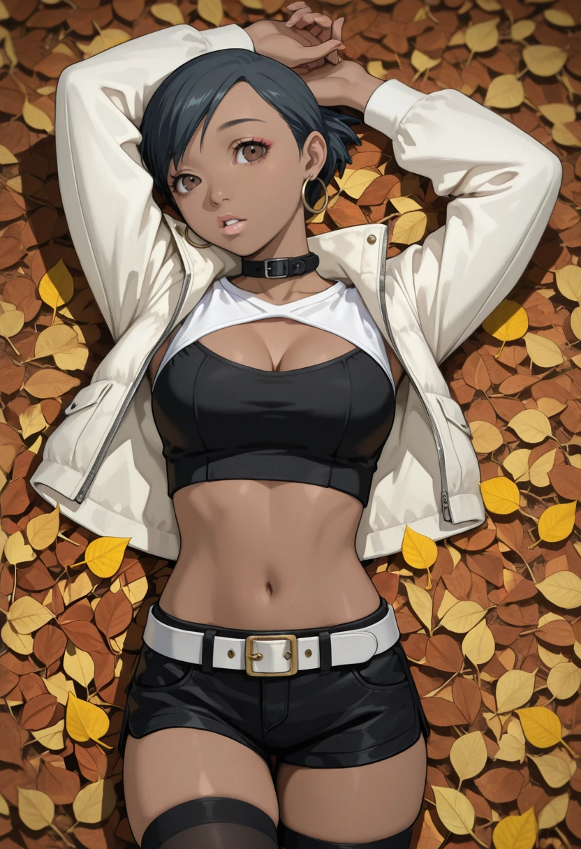 masterpiece, very aesthetic, best quality, absurdres, newest, solo,
<lora:ILP4Yuko:1>
P4Yuko, 1girl, brown eyes, black hair, short hair, dark skin, looking at viewer, black thighhighs, hoop earrings, white jacket, black shorts, lying, arms up, parted lips, belt, on back, open clothes, clothing cutout, open jacket, crop top, collar, long sleeves, midriff, leaf, cleavage cutout, short shorts