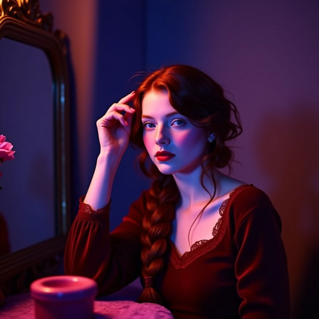Ultra quality, faded photo, old photo effect, analog photography, ultra realistic, ultra detailed textures and colors, a beautiful woman combing her hair in front of an old vanity table she is adjusting her hair looking timidly to her own figure, with a subtle smile. The scene is filled with vibrant colors and constrating shadows over a very dark background that fades into stars and galactic timeless space. She's wearing a beautiful red velvet dress adorned with lace and ribbons, her hair is long and braided in a crowd, she has very pale skin, and beautiful piercing ice blue eyes. Her lips are colored in a deep red tone, and her cheeks are rosy and vibrant, her skin showcases ultra detailed textures with pores and soft wrinkles.
Lighting technique: Dynamic hues of violet, blue, and silver painting an ethereal scenario and making her look like an ethereal being from crossing dimensions.
Camera: RED Komodo 6K cinema camera with an ultra-wide lens to capture the dramatic setting and fiery glow. Composition: Low-angle shot, emphasizing her beauty and ethereal presence.,ethereal_photography,ethereal_inuendo