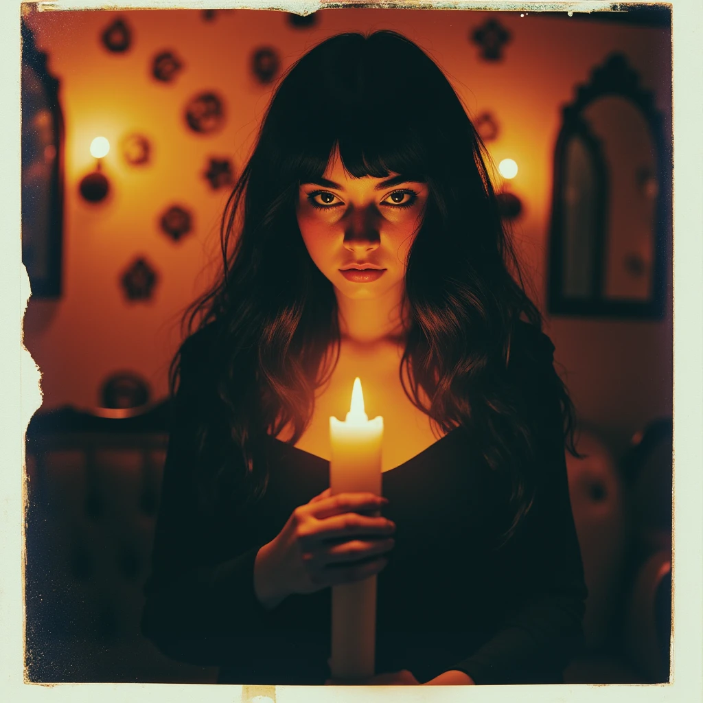 Ultra quality, faded photo, old photo effect, analog photography, shot by Polaroid SX-70, gothic woman with raven-black hair and deep violet eyes, captured mid-whisper in candlelit séance chamber, wall behind covered in surreal occult symbols and mirrors turned backward, surreal floating smoke shapes behind her head, half-body portrait with shallow depth of field, silver halide film texture with glowing highlights and soft vignetting, old lens with visible chromatic fringing, analog imperfections add ghostly softness