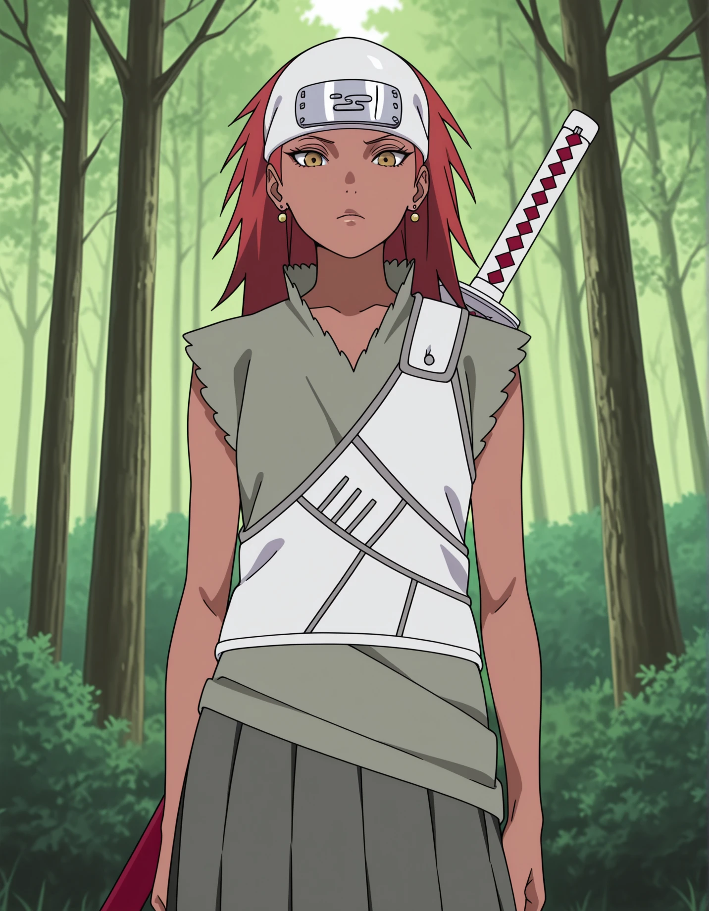 masterpiece,best quality, absurdres, highres,  <lora:Karui Illu:1> karuiillu, forehead protector, green shirt, white vest, grey skirt, earrings, katana,   weapon on back, looking at viewer, outside, forest,