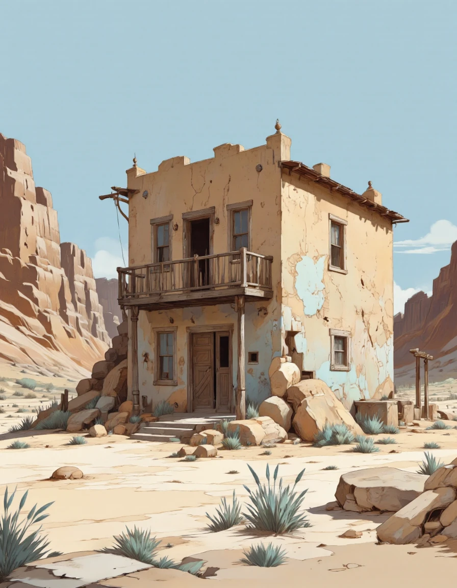 By JoFoGriGreToc. A digital illustration shoot from a low angle about an old, dilapidated building in a desert setting, featuring a detailed architectural design with a rustic appearance. the image also shows a desert landscape with sparse vegetation, rocky formations, and a clear blue sky. on the center of the image, a single, two-story, adobe building with a wooden door and a balcony is visible, situated in the middle of the frame. the building appears to be in a state of disrepair, with cracks and peeling paint visible on its exterior. the door is slightly ajar, and the balcony is made of wooden beams and railing, adding to the rustic charm of the scene. the ground is covered in dry, cracked sand, and there are small, blue grasses scattered around the building, adding a touch of contrast to the otherwise desolate landscape.